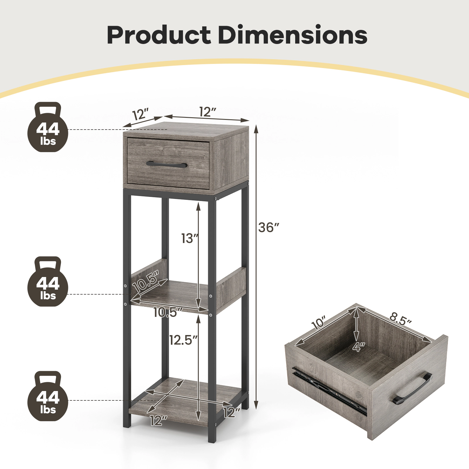 Slickblue 3-Tier Plant Stand with Drawer Grey Wood and Black Metal Shelf
