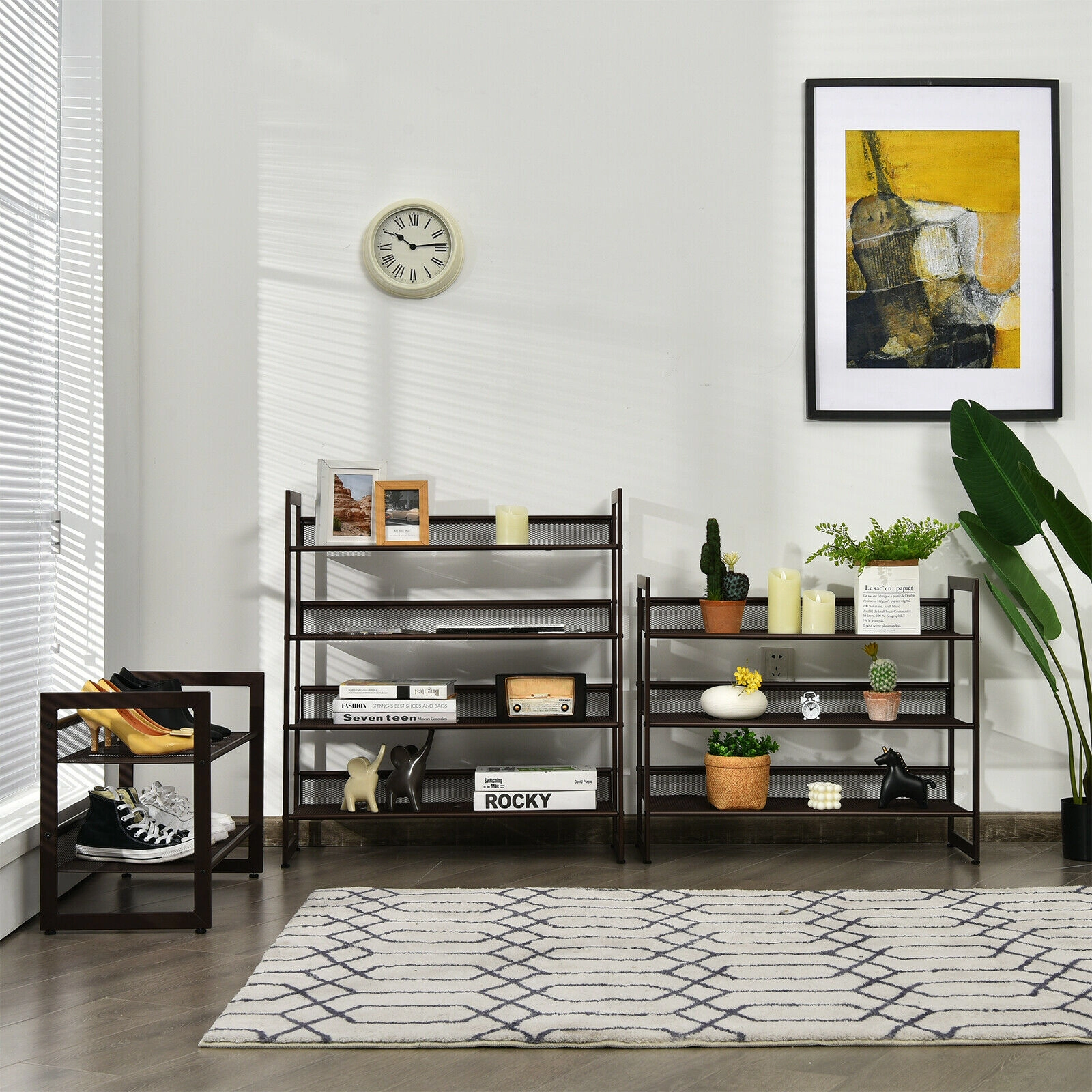 SUGIFT 4-Tier Brown 29-in Steel Metal Shoe Rack with Flat or Slanted Mesh Shelves for Closet and Entry