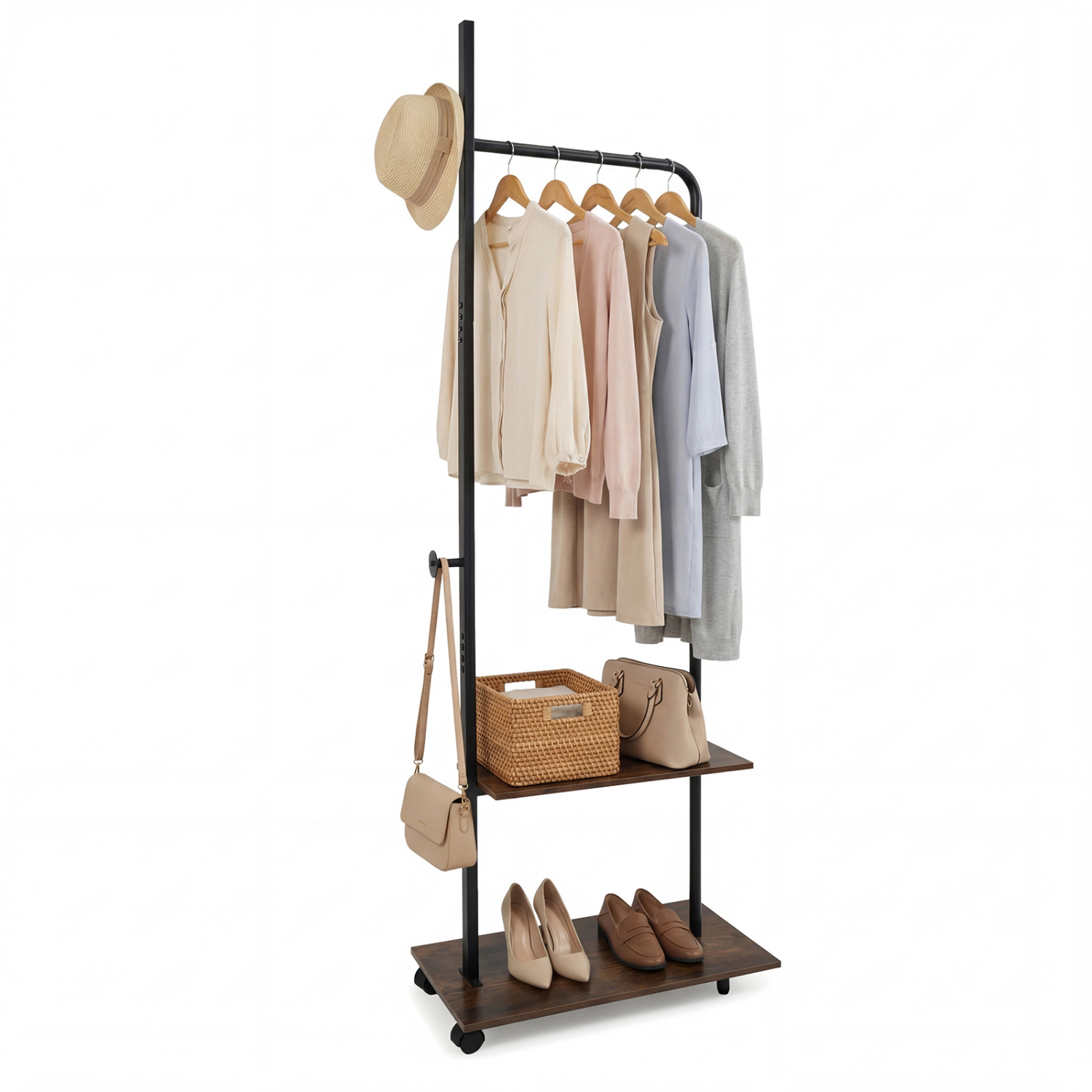 SUGIFT Clothing Rack with Hanging Rod, Side Hooks and Storage Shelves 120-lb Capacity with Wheels Rustic Brown+