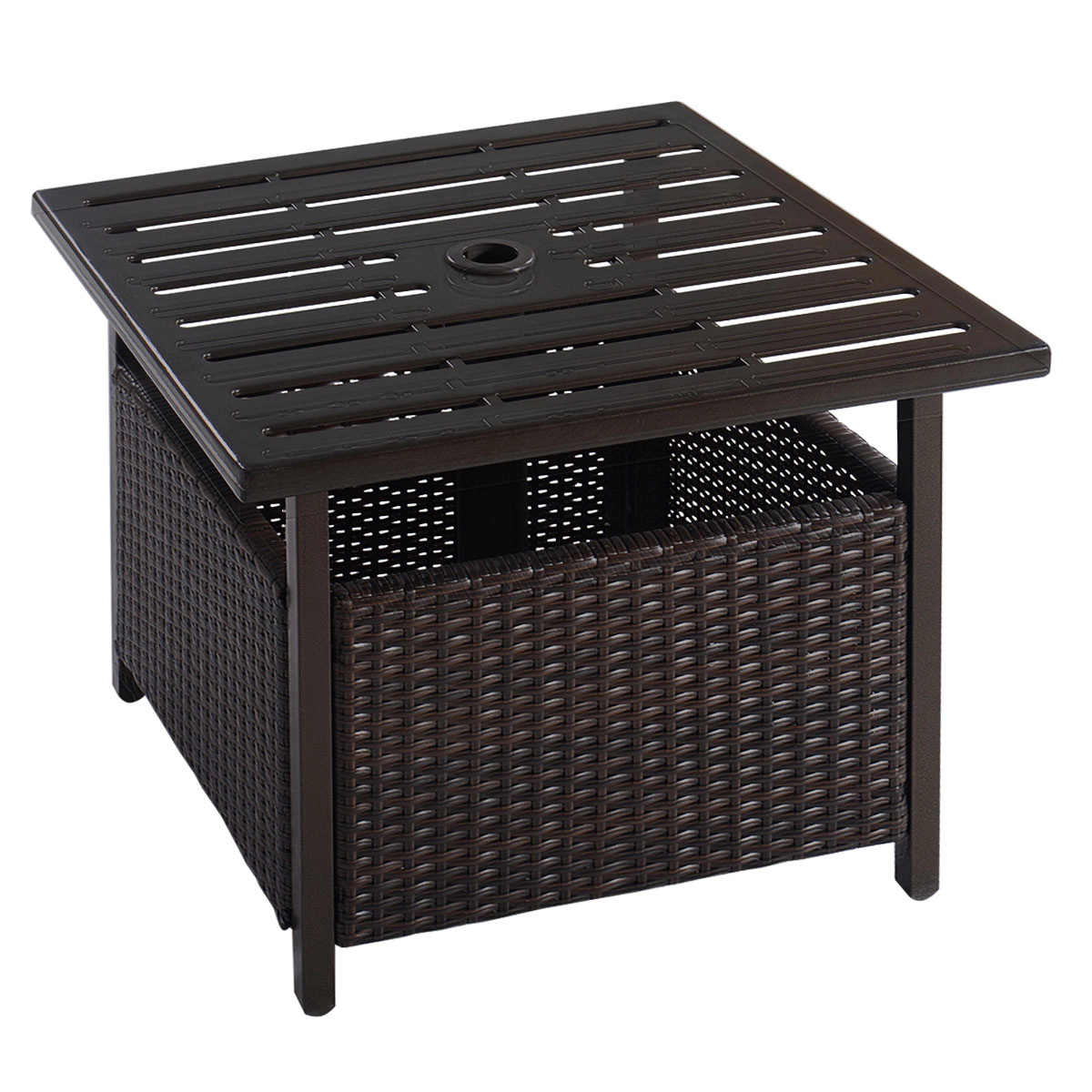SUGIFT 22 in Square Patio Side Table Brown Rattan Wicker with Steel Frame and Umbrella Hole