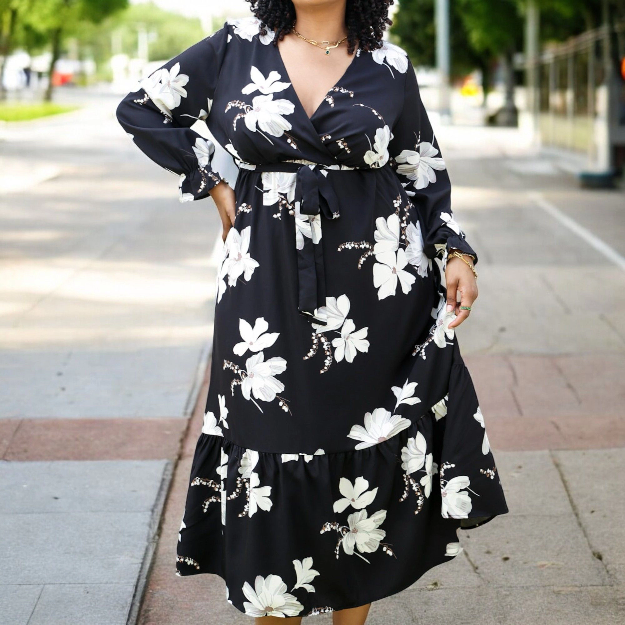Anna-Kaci Women's Floral Print Wrap Midi Dress with Ruffle Hem and Self Tie Waist