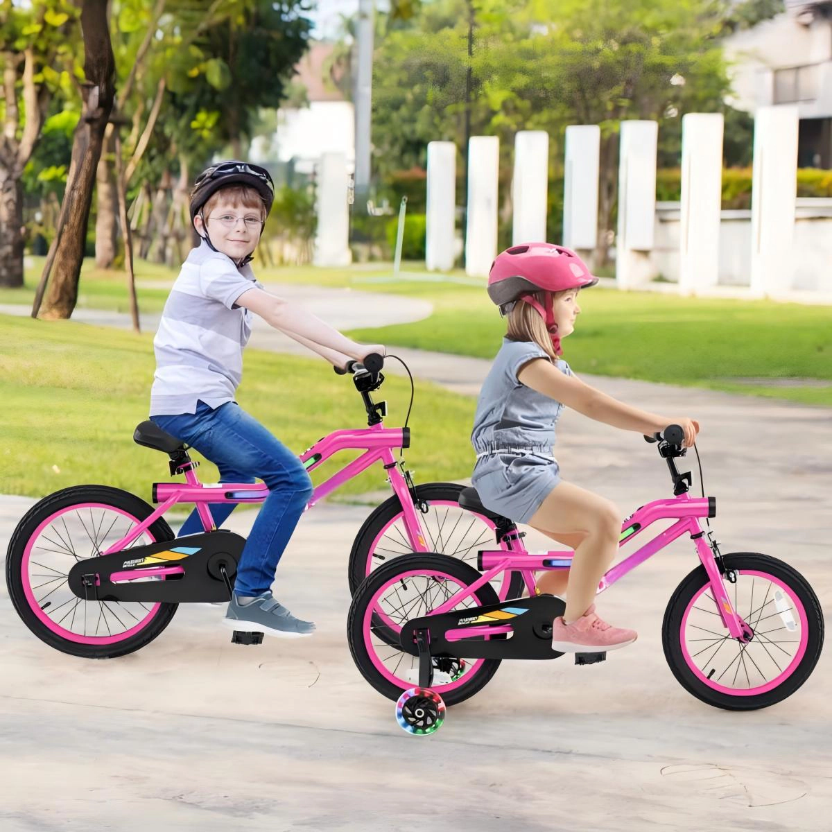 SUGIFT Pink Training Wheels Headlight and Padded Seat Kids 16 Inch LED Lighted Bike