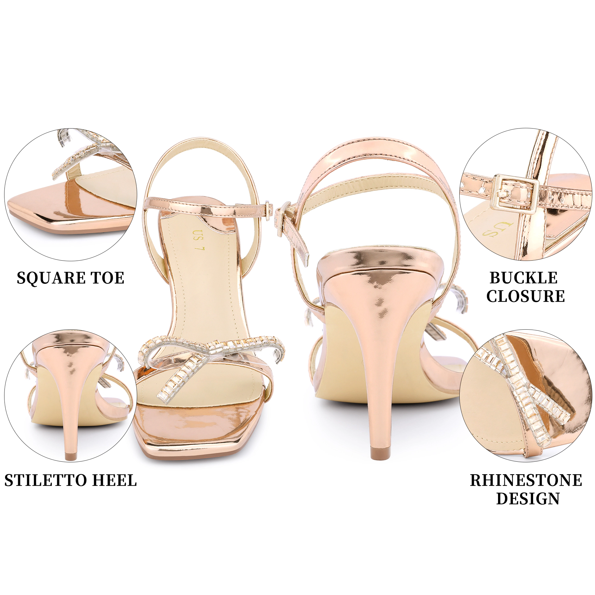 BLISSFUL STEP Women's Rhinestone Sparkly Square Toe Stiletto Heel Party Sandals