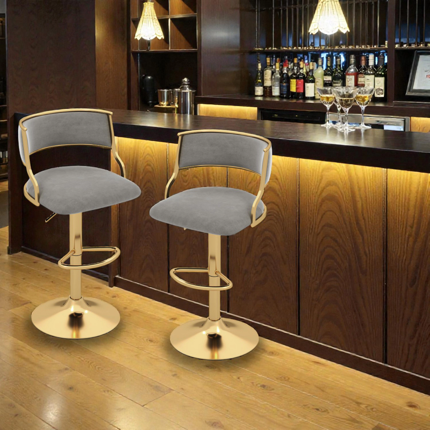 Hivvago Set of 2 Swivel Dutch Velvet Bar Stools with Adjustable Height for Kitchen Island