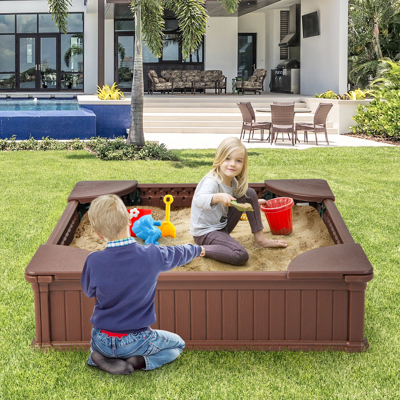 LJG Kids Outdoor Sandbox with Oxford Cover and 4 Corner Seats