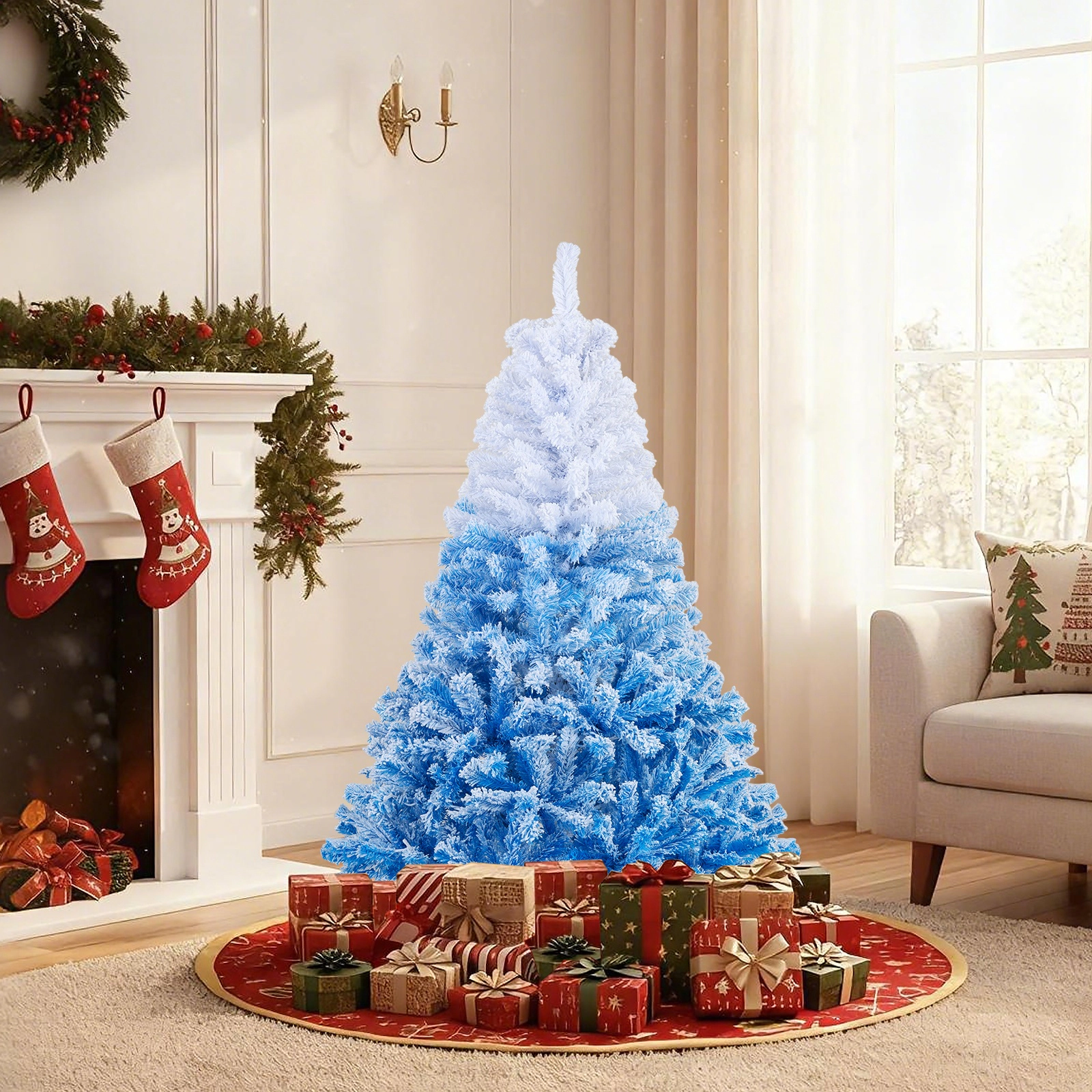 SUGIFT Gradient Flocked 5-ft Artificial Christmas Tree with Warm White LED Lights and 8 Modes White to Blue