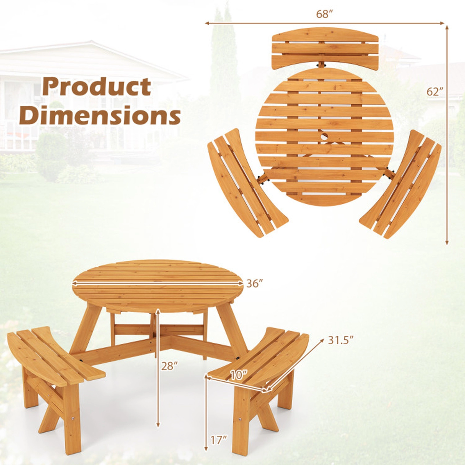 SUGIFT 6-Person Round Fir Wood Picnic Table Set with 3 Benches 220-lb Table 550-lb Benches 36-in Top Brown/Yellow