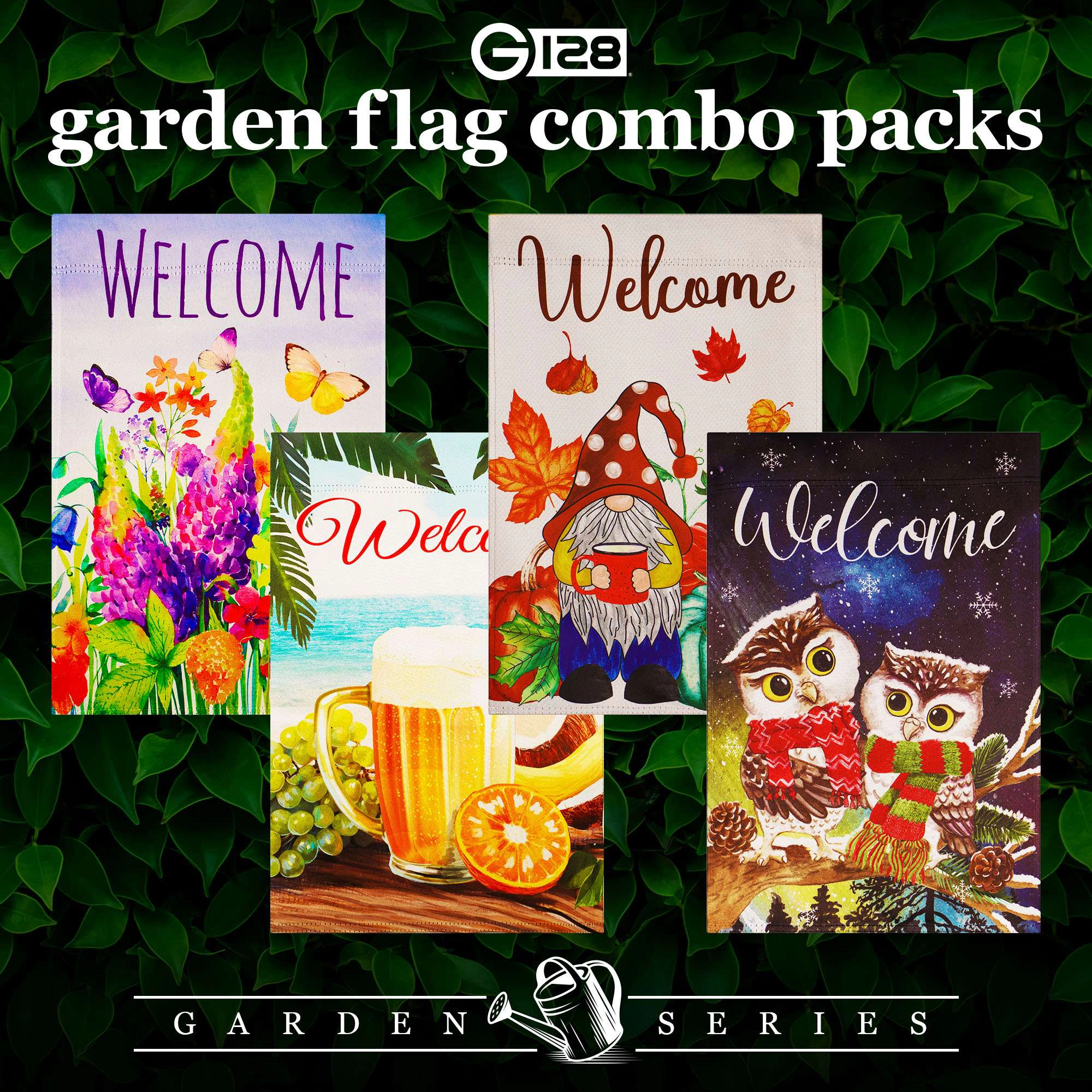 G128 Four Seasons Gnome Garden Flag Set 4-Pack - 12 x 18 Inch Double-Sided Blockout Fabric