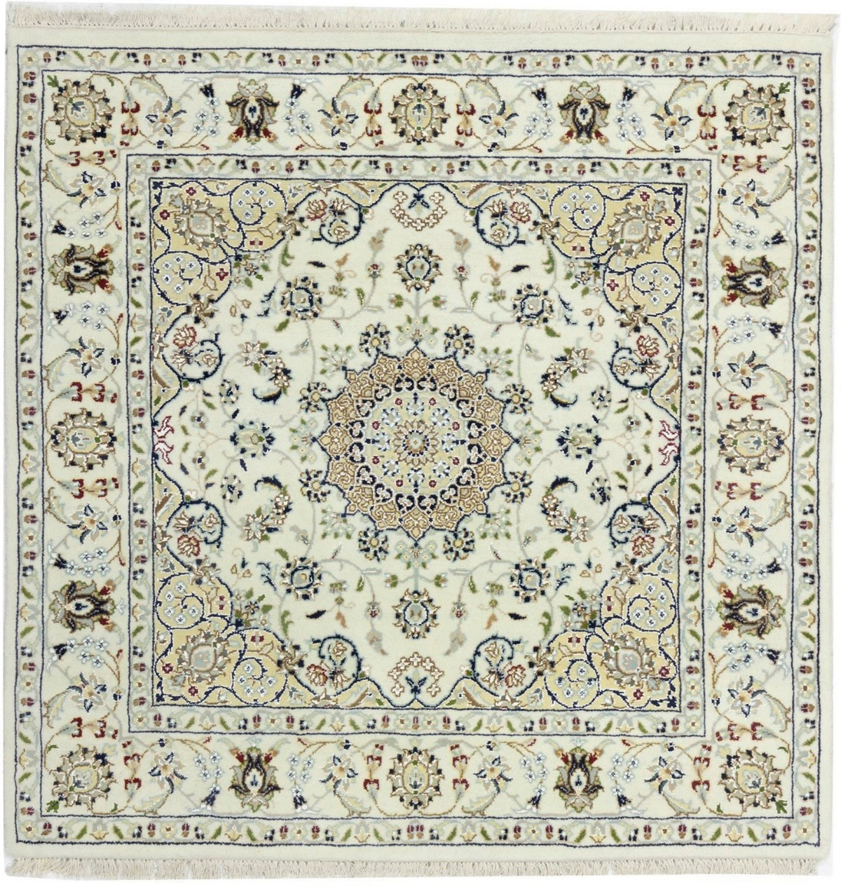 Magic Rugs 4'2 x 4'2 Hand Knotted Indo-Nain Cream Floral Wool Square Rug
