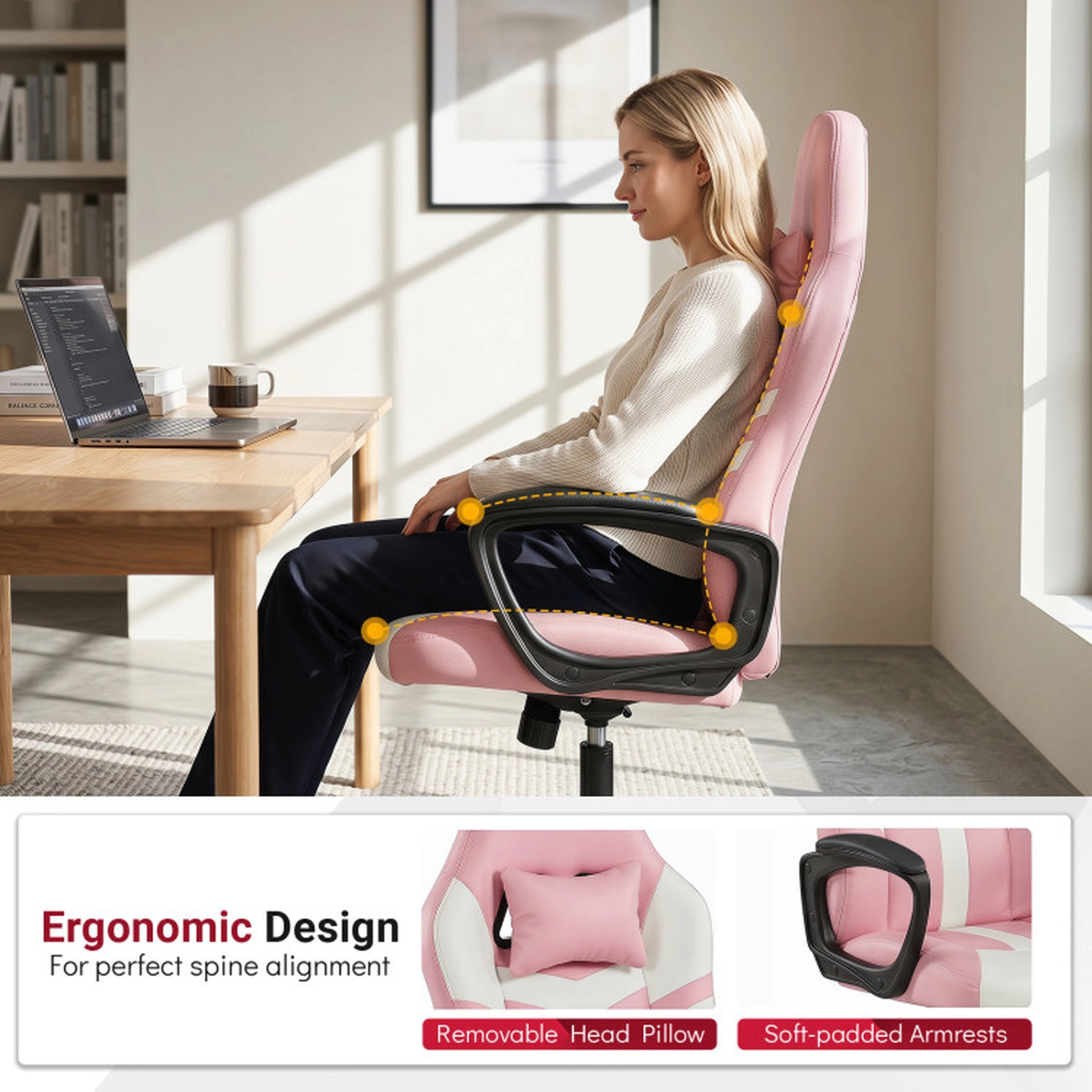SUGIFT Faux Leather Upholstered Gaming Office Chair 275-lb Capacity with Removable Head Pillow and Rocking Function Pink
