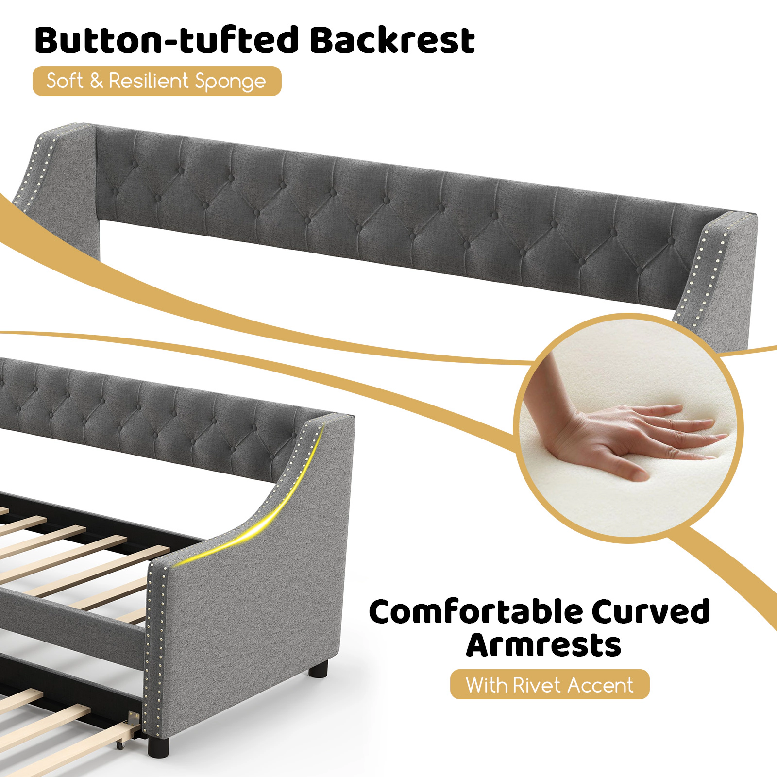 SUGIFT Gray Trundle Curved Armrests and Nailhead Trim Twin Size Teens Upholstered Daybed