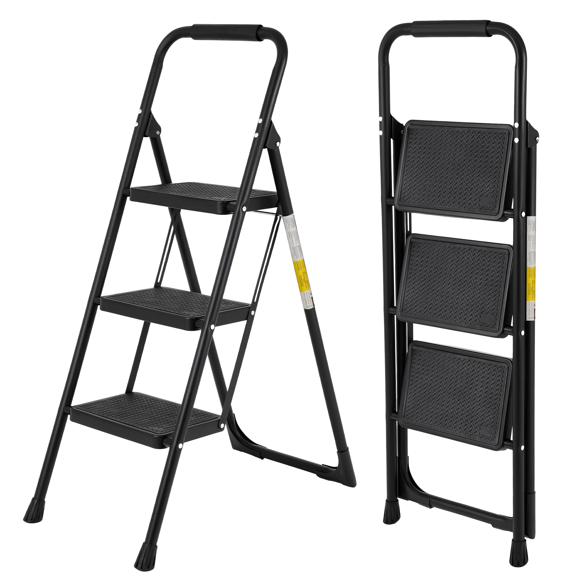 Flynama 3 Step Ladder- 330lb Capacity Steel Foldable Step Stool (Black)