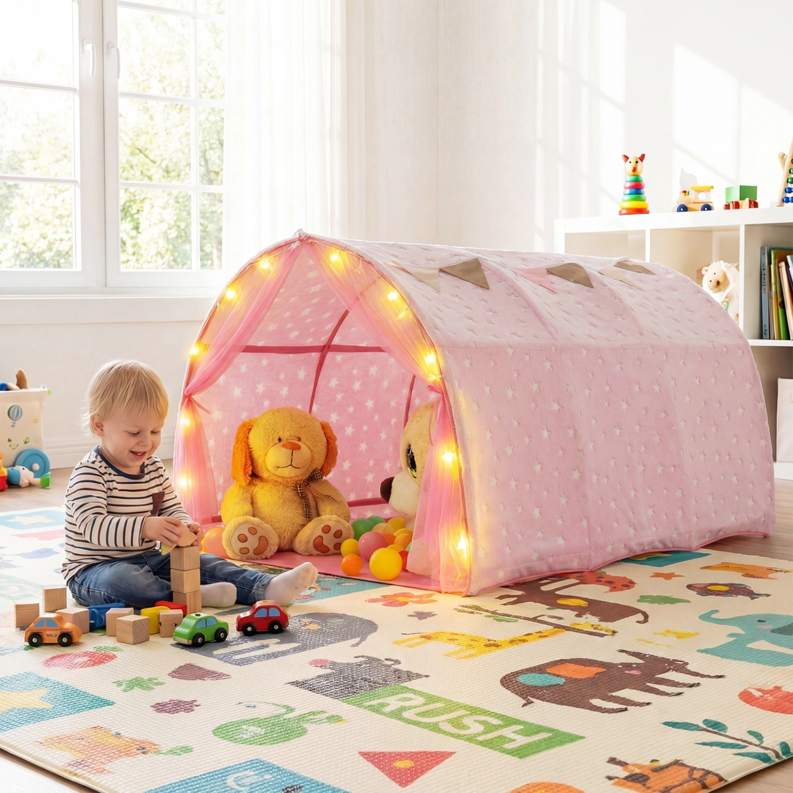 Kids Bed Canopy Tent for Twin Bunk Bed Pink with Glow in the Dark Stars Light String and Flag