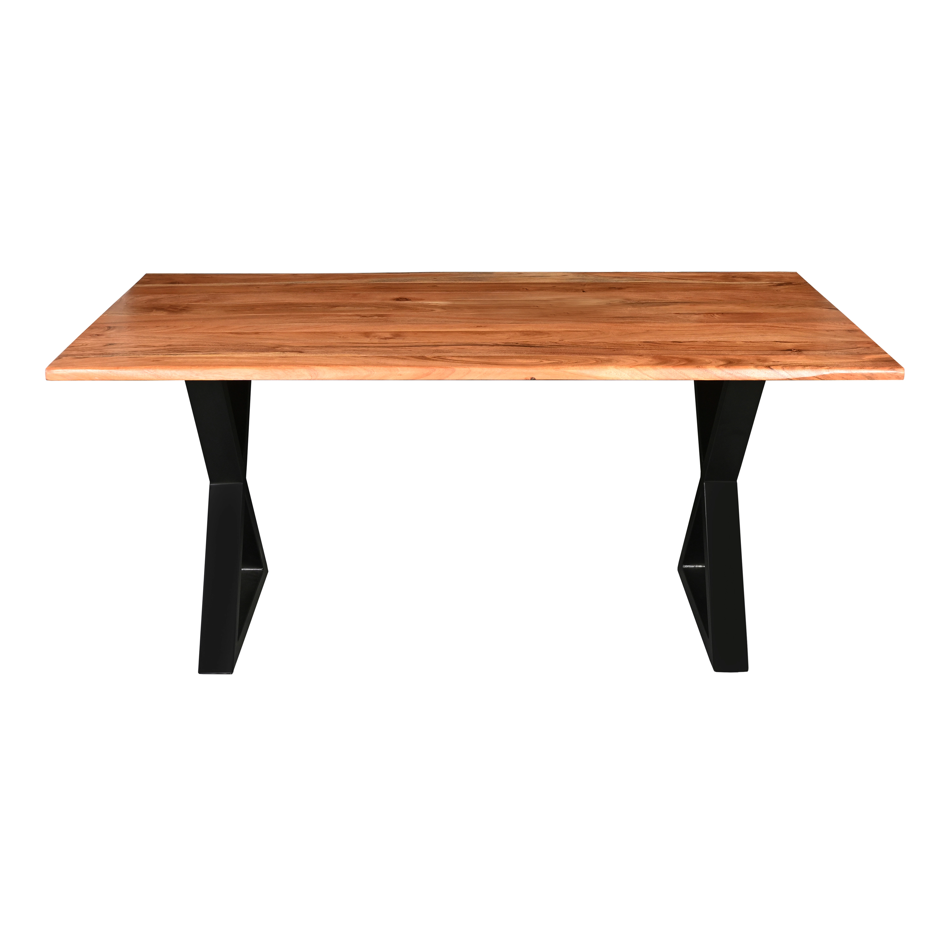 The Urban Port 67 Inch Rectangular Dining Table with Crossed Black Metal Legs and Faux Live Edge Acacia Wood Top
