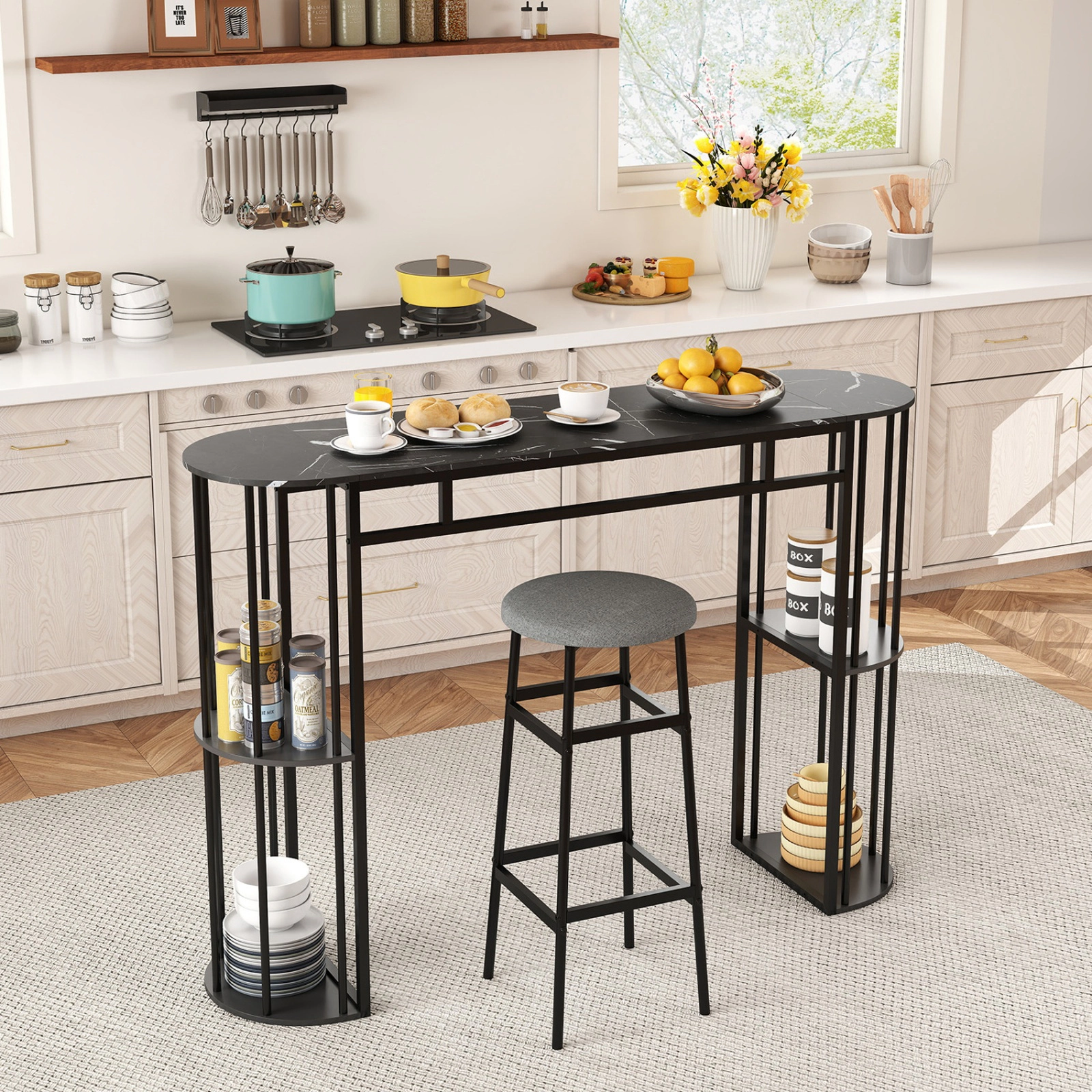 SUGIFT 60 Inch Long Bar Table Black Narrow with Faux Marble Top and Storage Shelves