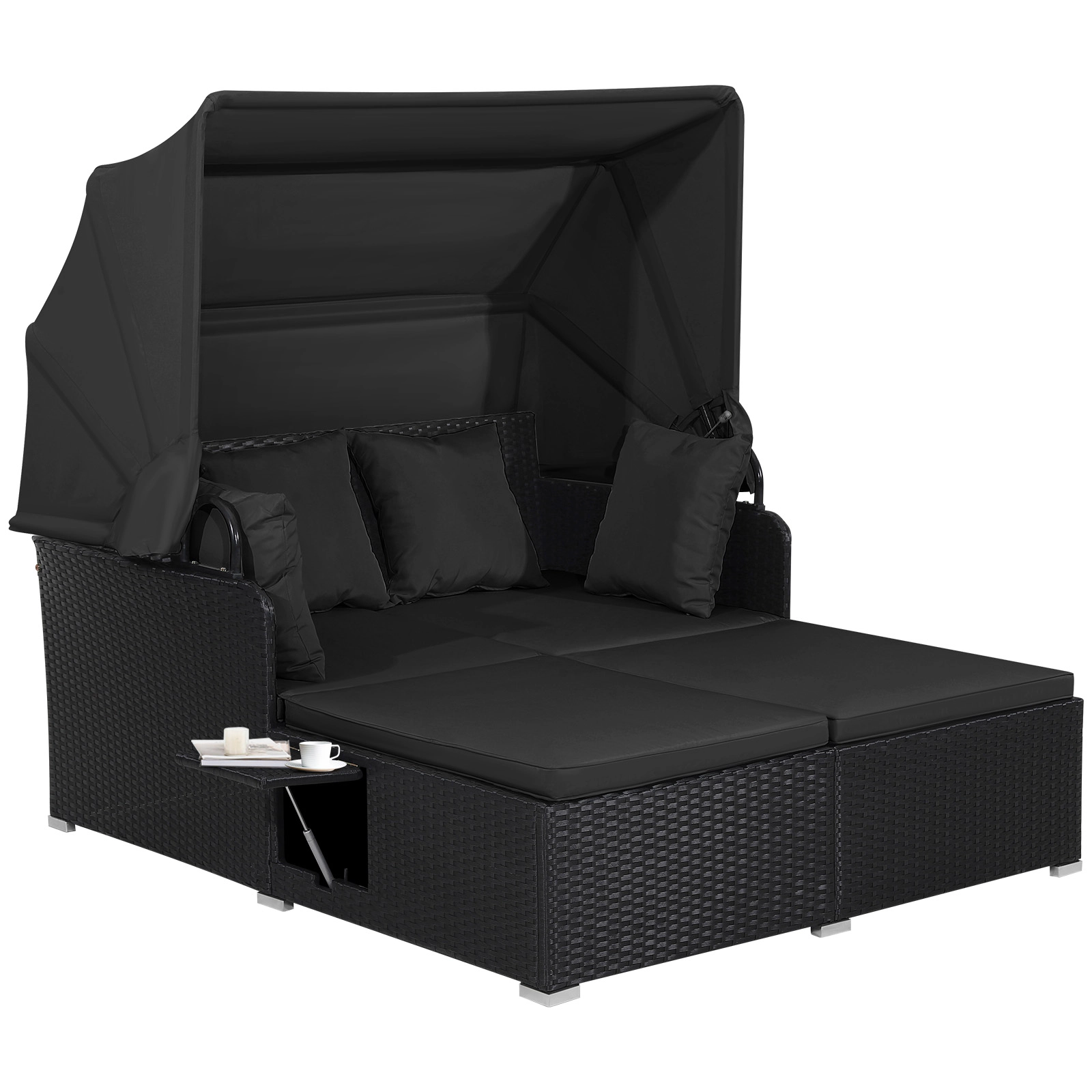 SUGIFT Black Rattan Outdoor Canopy Daybed with Retractable Shade and Folding Trays