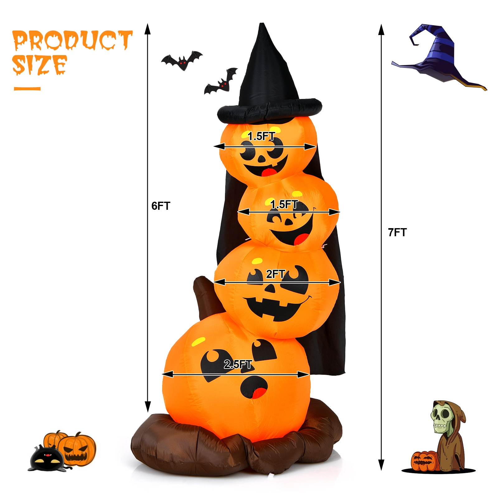 Glintex 7-Ft Halloween Inflatable Pumpkin Combo with Witch Hat and LED Lights, Multicolor