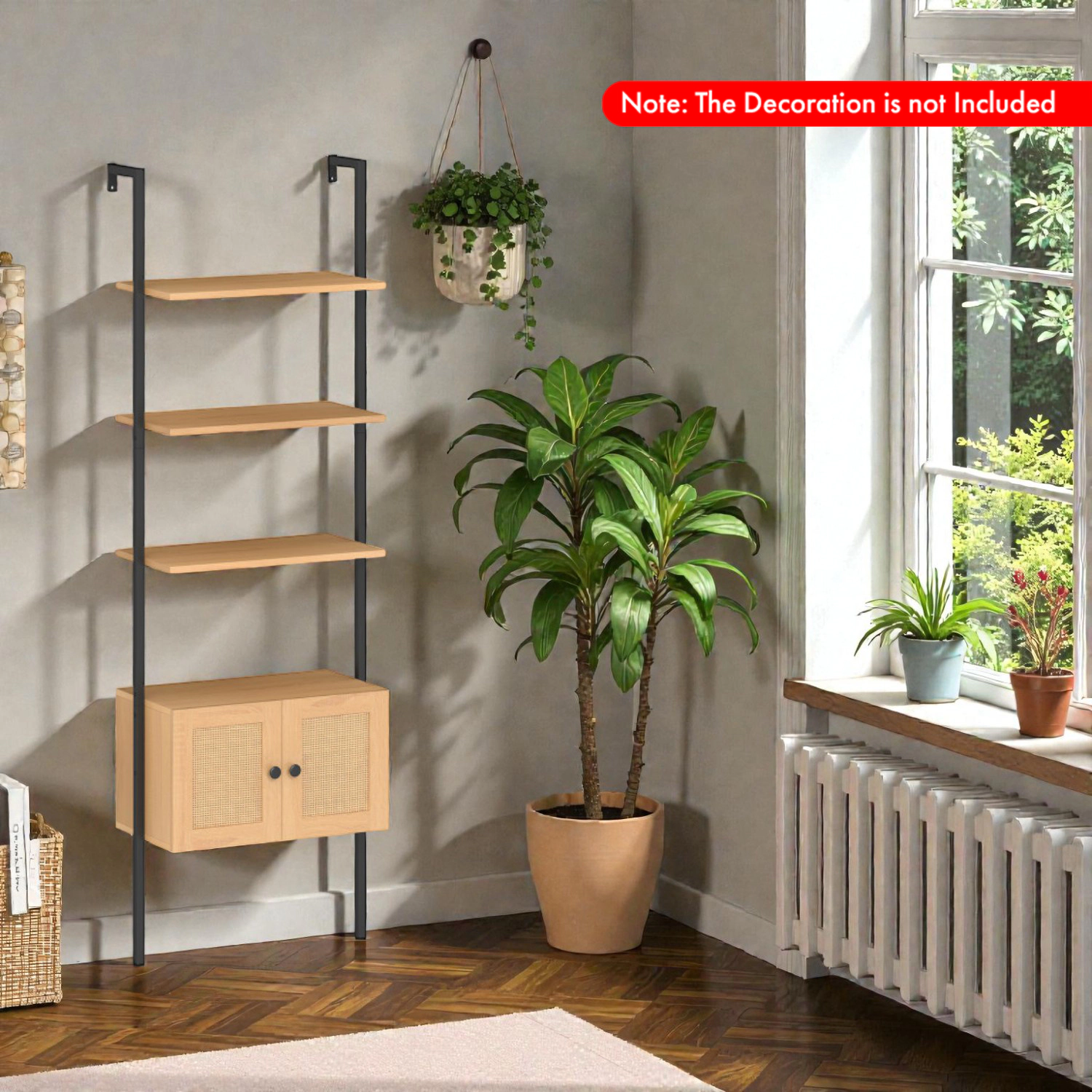 Hivvago Ladder Style Bookcase with Rattan Storage Cabinet and Metal Frame