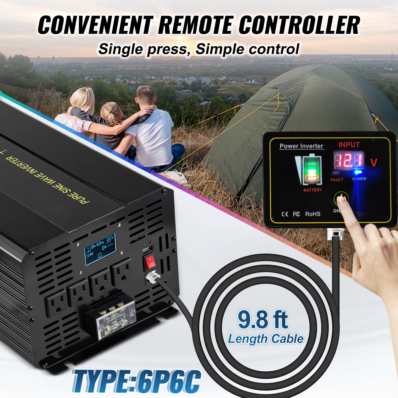 HONGGE Pure Sine Wave Inverter Power Inverter DC 12V to AC 120V Car Inverter with USB Port LCD Display and Remote