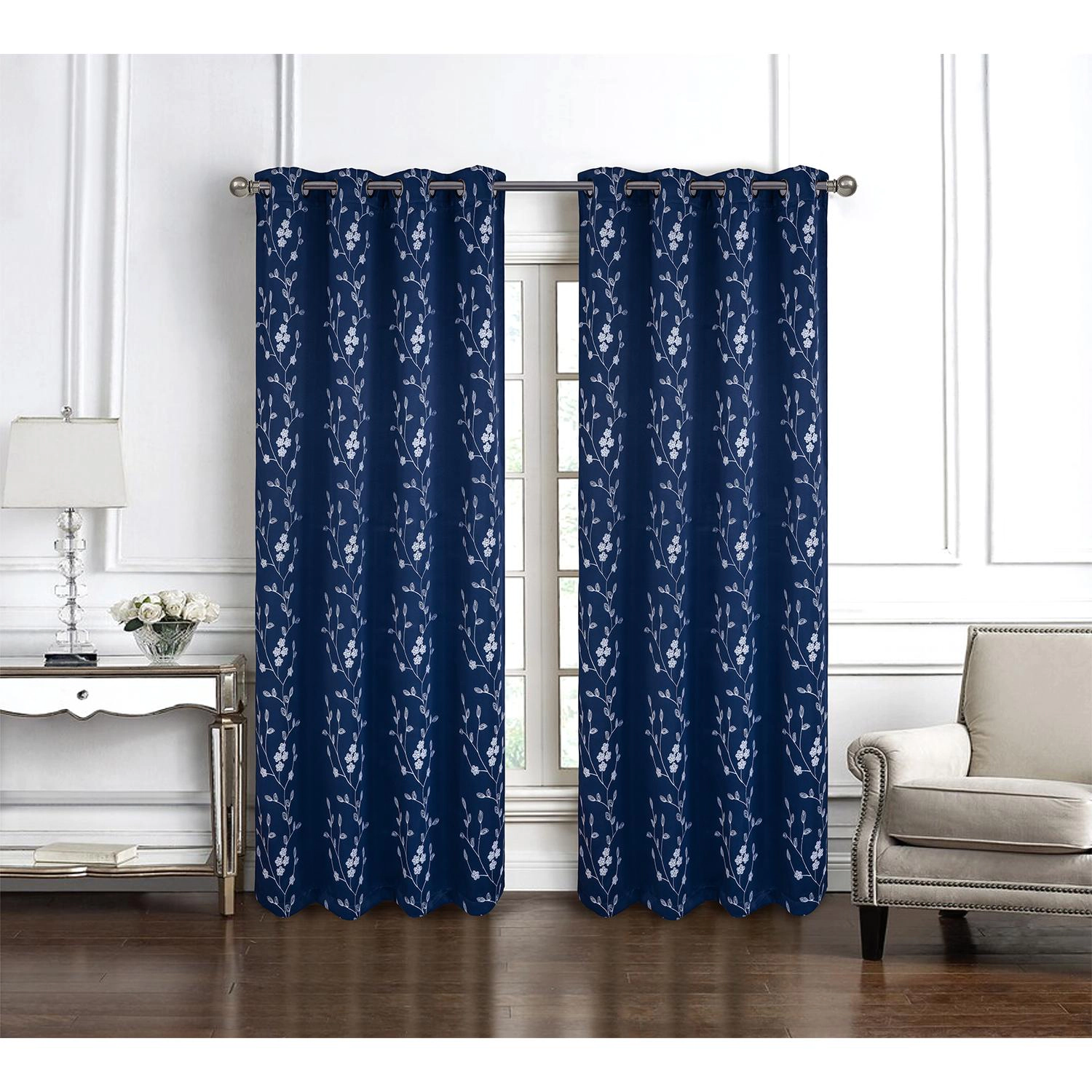RT Designer Collection Lilian Embroidered Blackout Luxurious Decorative Grommet Curtain Panel 54" x 84" Navy