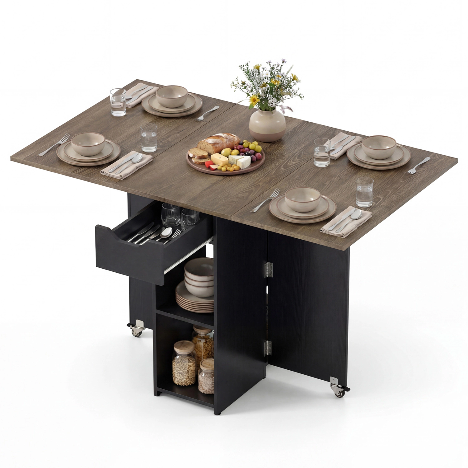 LJG 47.5 Inch Farmhouse Extendable Wooden Dinner Table with Lockable Wheels
