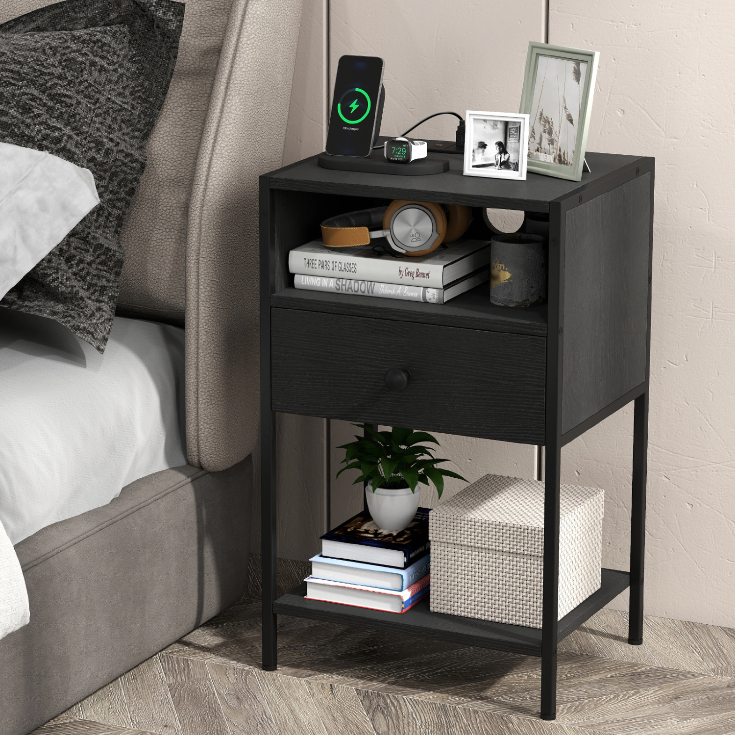 Hivvago Nightstand with Charging Station Bedside Table USB Ports and Outlets