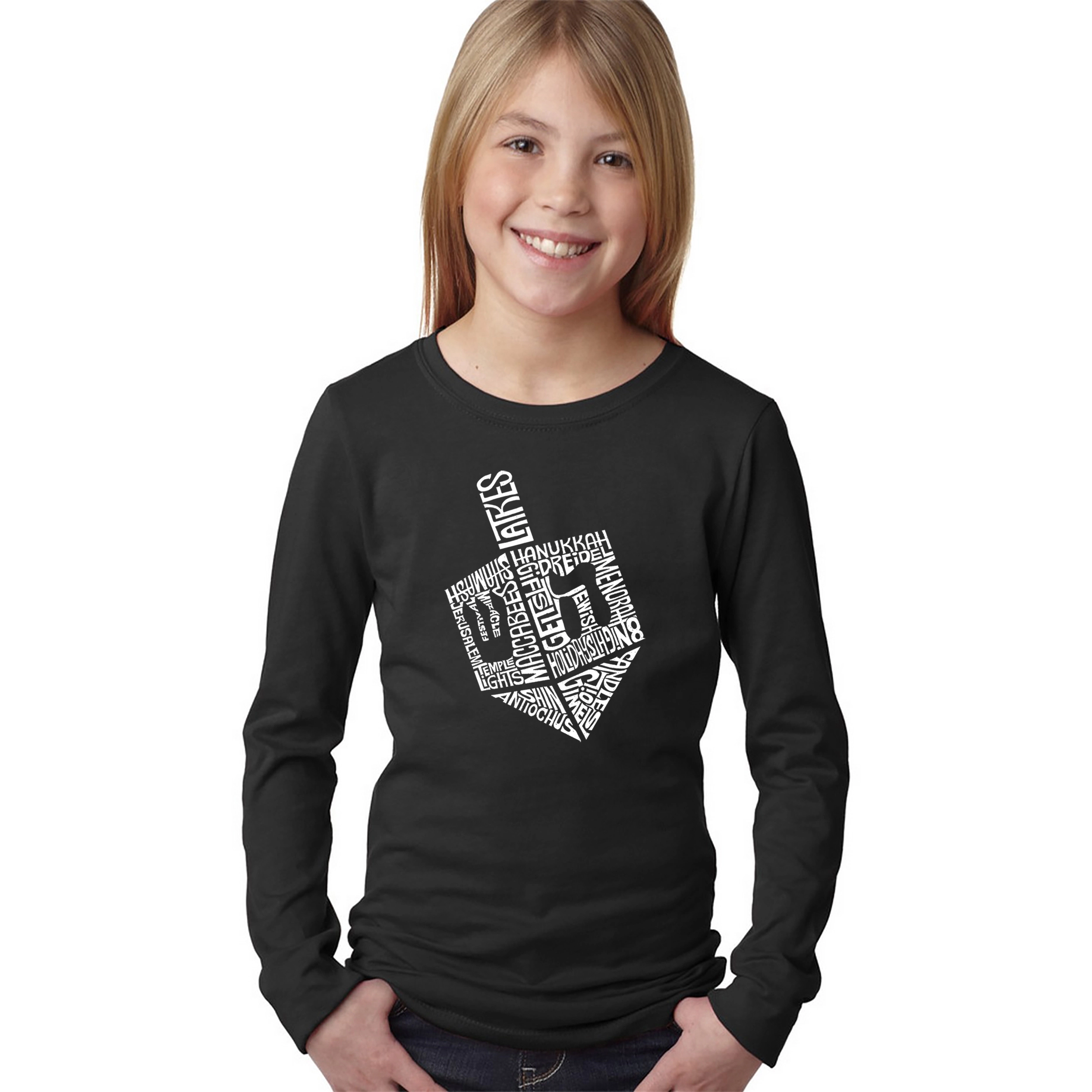 LA Pop Art Girls Long Sleeve Word T-Shirt - Hanukkah Dreidel