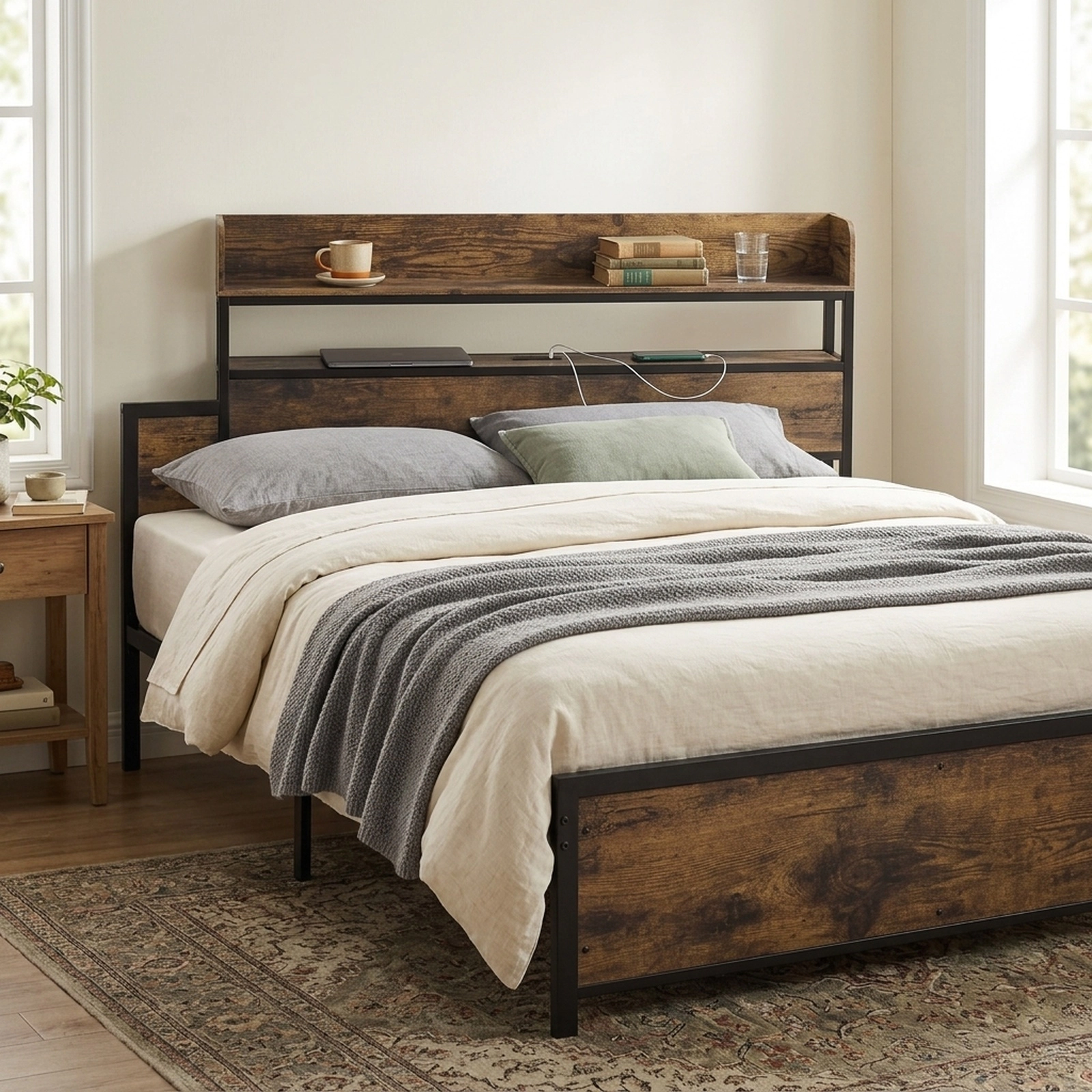 Queen LED Bed Frame with 2 AC Power Outlets USB and Type-C Ports Storage Shelf Headboard 660-lb Capacity Rustic Brown