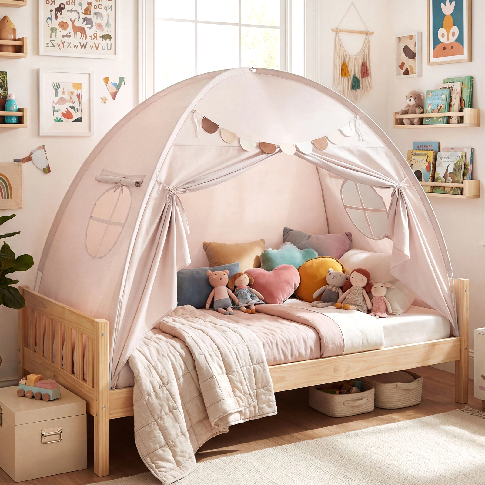 SUGIFT Indoor Canopy Tent for Kids Fits Twin Size Mattress Ages 3+ Beige Brushed Fabric