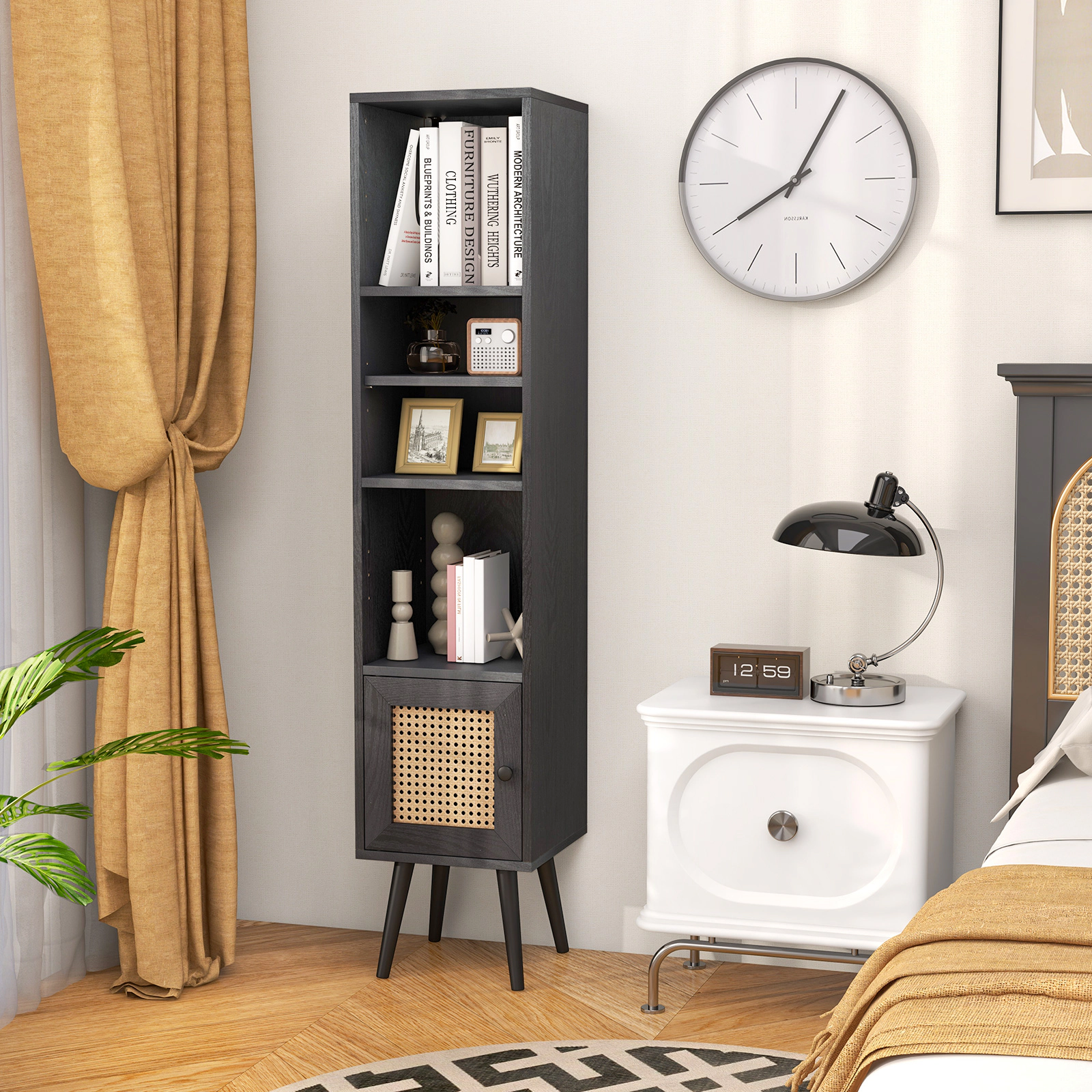 SUGIFT Slim 4-Tier Rattan Door Bookcase Storage Cabinet 200-lb Capacity Black