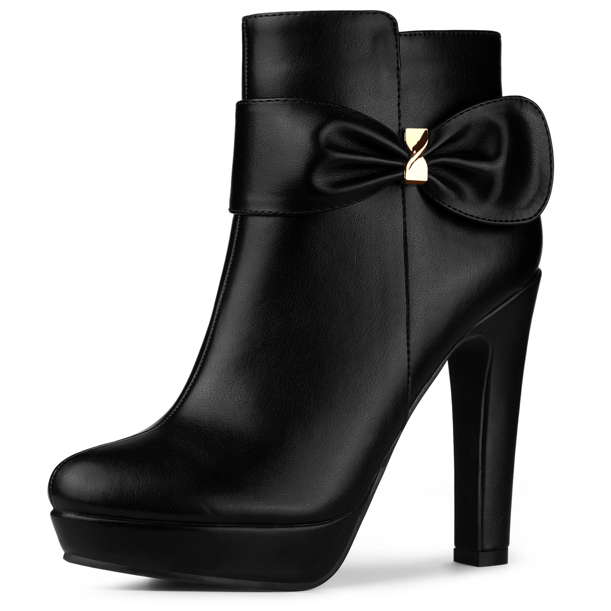 BLISSFUL STEP Women Chunky High Heels Platform Bow Decor Ankle Boots