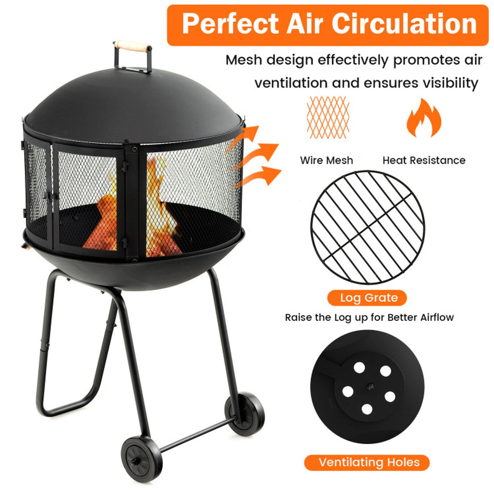 SUGIFT Portable Rolling Wood-Burning Fire Pit with Log Grate and Mesh Spark Cover Black