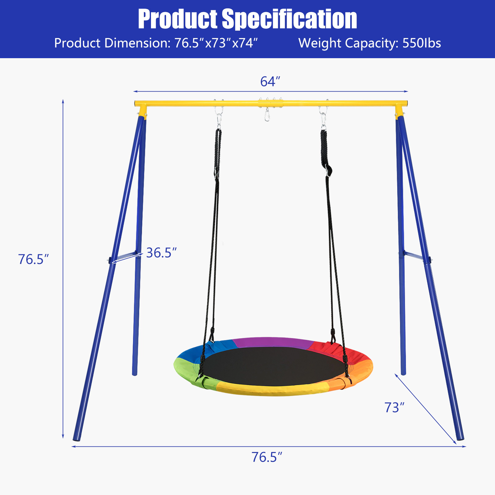 SUGIFT Kids Blue Outdoor A-Frame Metal Swing Stand with 4 Ground Stakes 77-in W 72-in D 73-in H 550-lb Frame Capacity