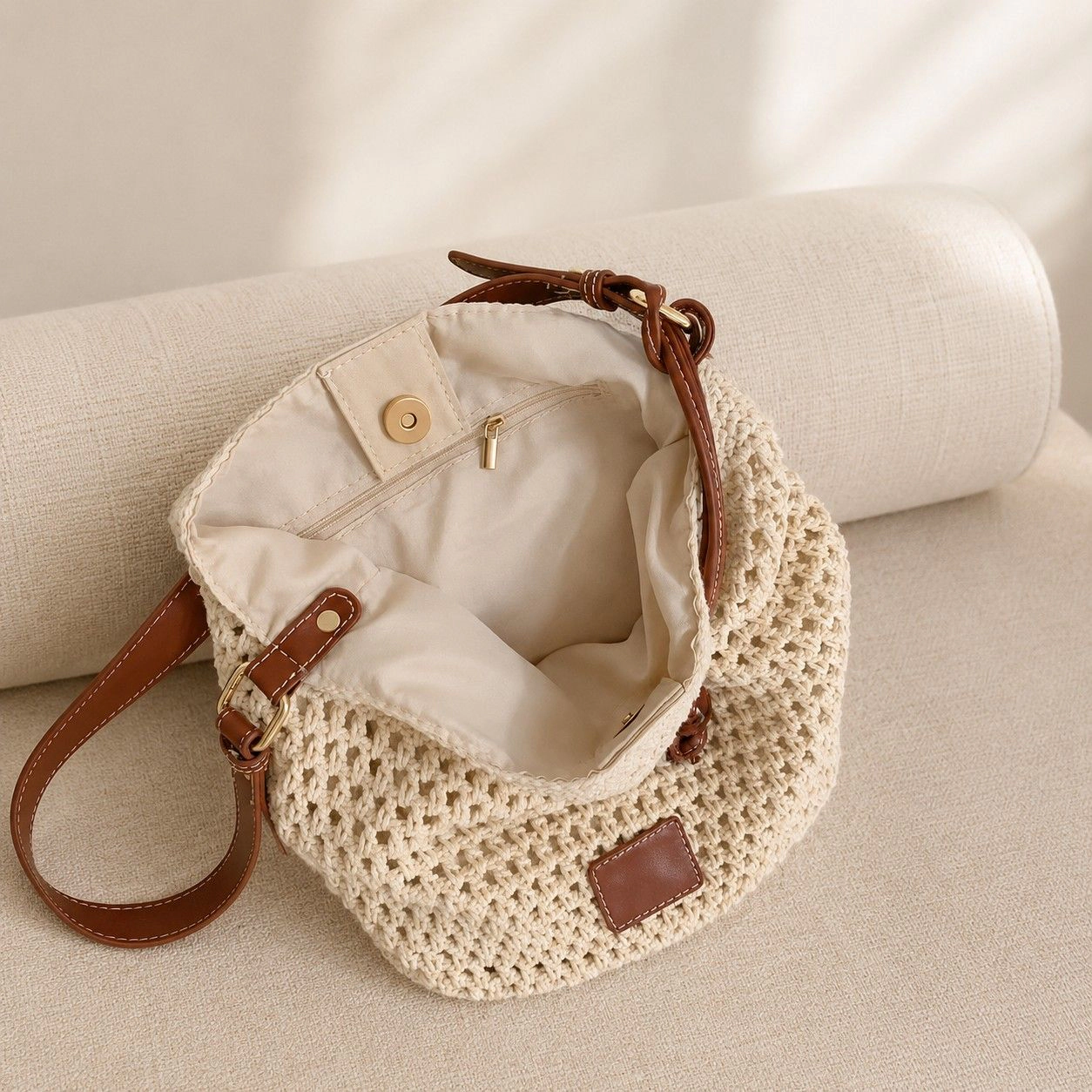 Alilang Women's Crochet Woven Shoulder Bag Lightweight Crossbody Handbag with Contrast Trim