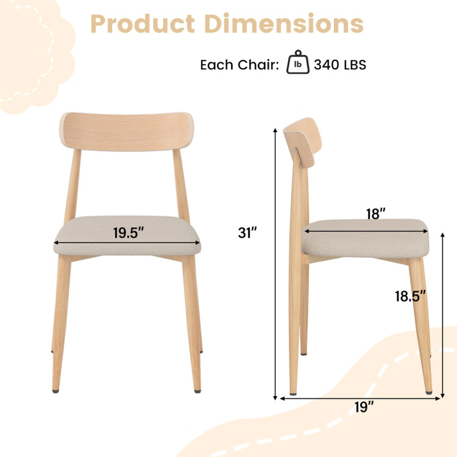 SUGIFT Set of 2 Oak Linen Upholstered Dining Chairs with Curved Back 19.5-in W 31-in H 340-lb Per Chair