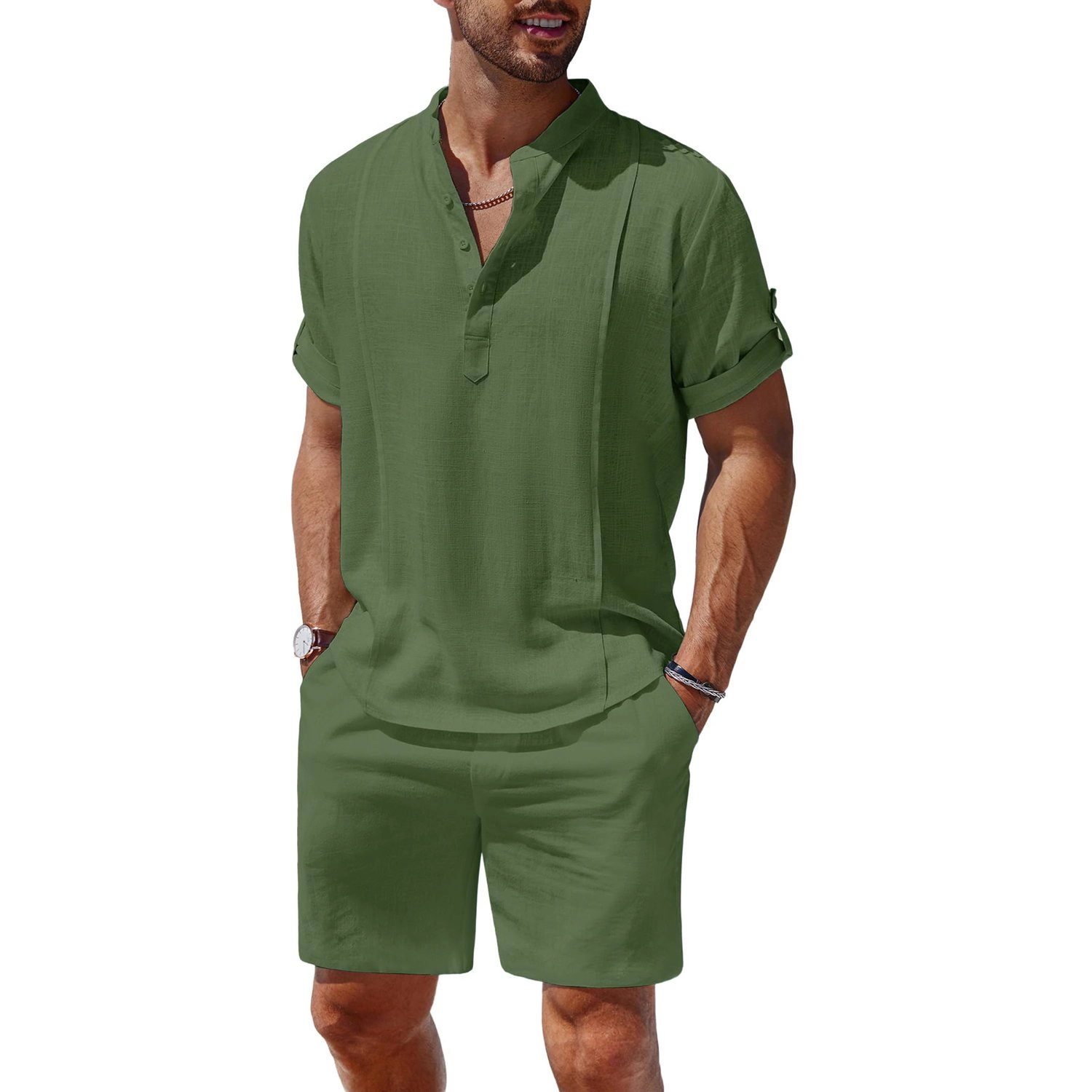 COOFANDY Mens Short Sleeve Henley Shirts  V Neck Casual 2 Piece Outfits with Shorts