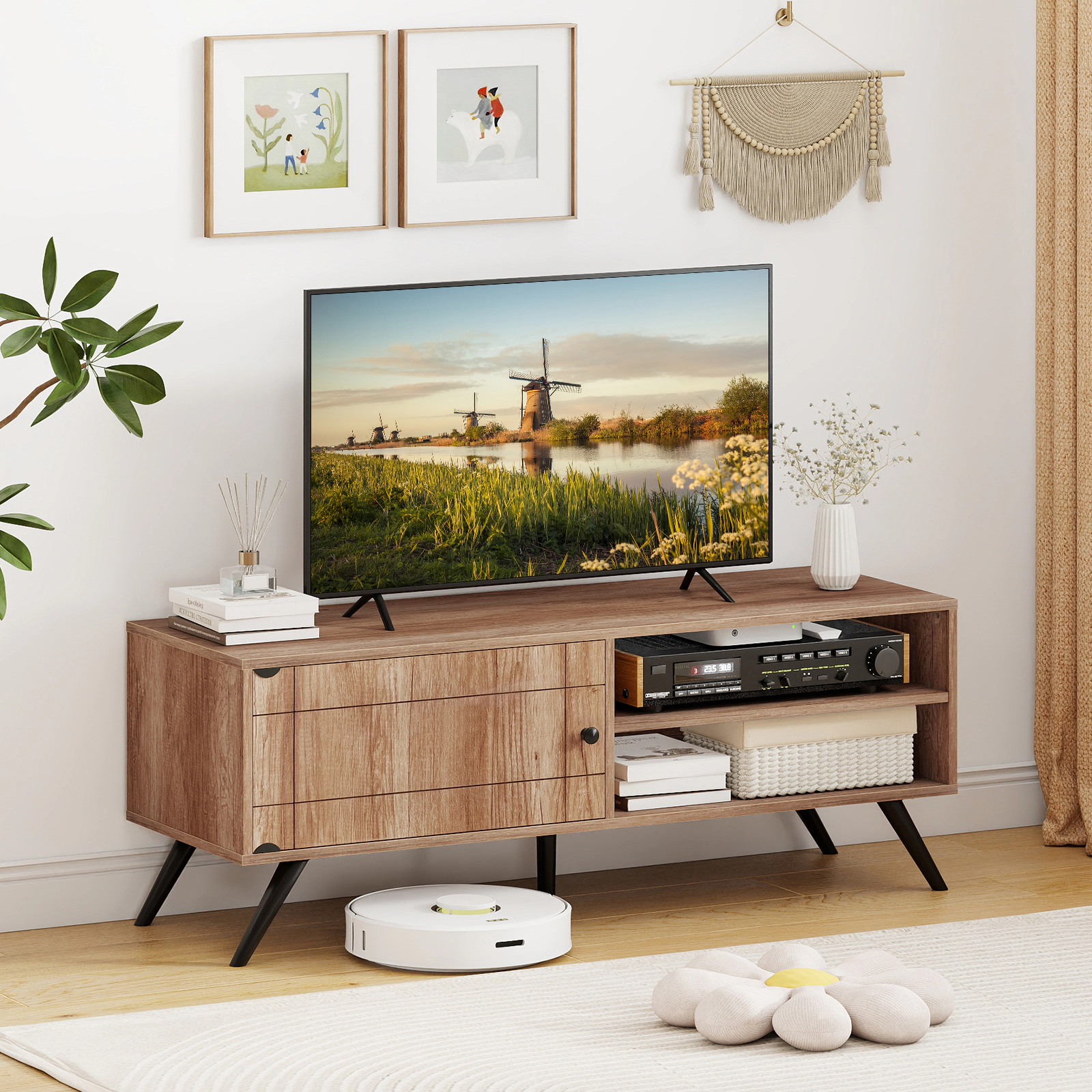 SUGIFT Mid Century TV Stand for TVs up to 55 in with Storage Cabinet 210-lb Tabletop Capacity Oak
