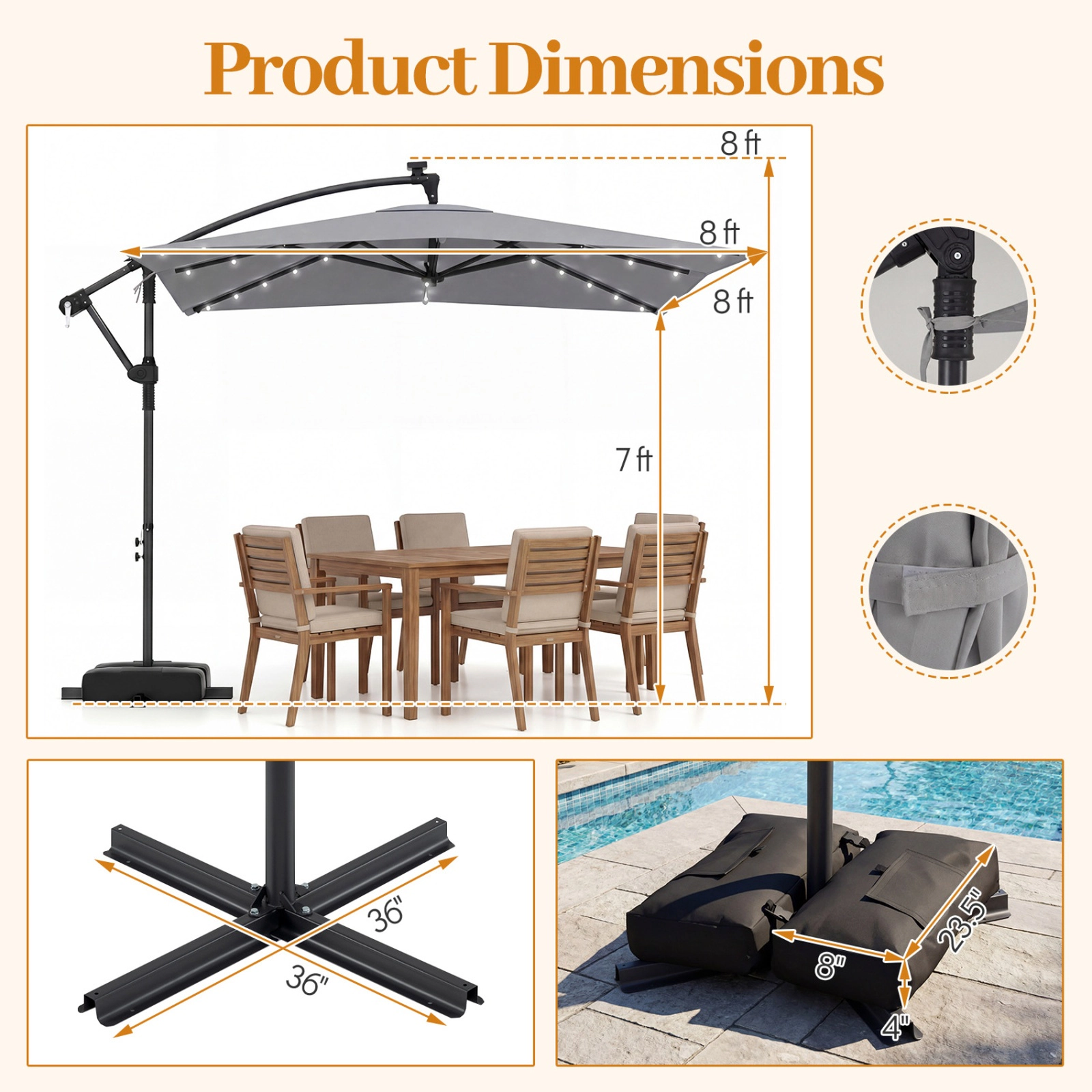 SUGIFT 8-ft Gray Square Solar LED Offset Patio Umbrella with Crank Lift and 360-Degree Rotation for Deck