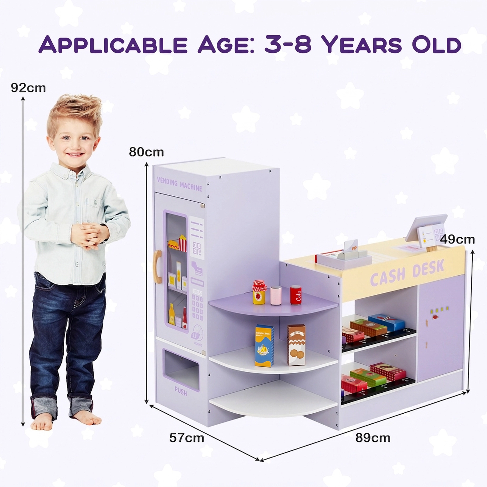 Kids Wooden Supermarket Playset Vending Machine Cash Register 13-pc Accessories 35-in Grocery Store Ages 3-8