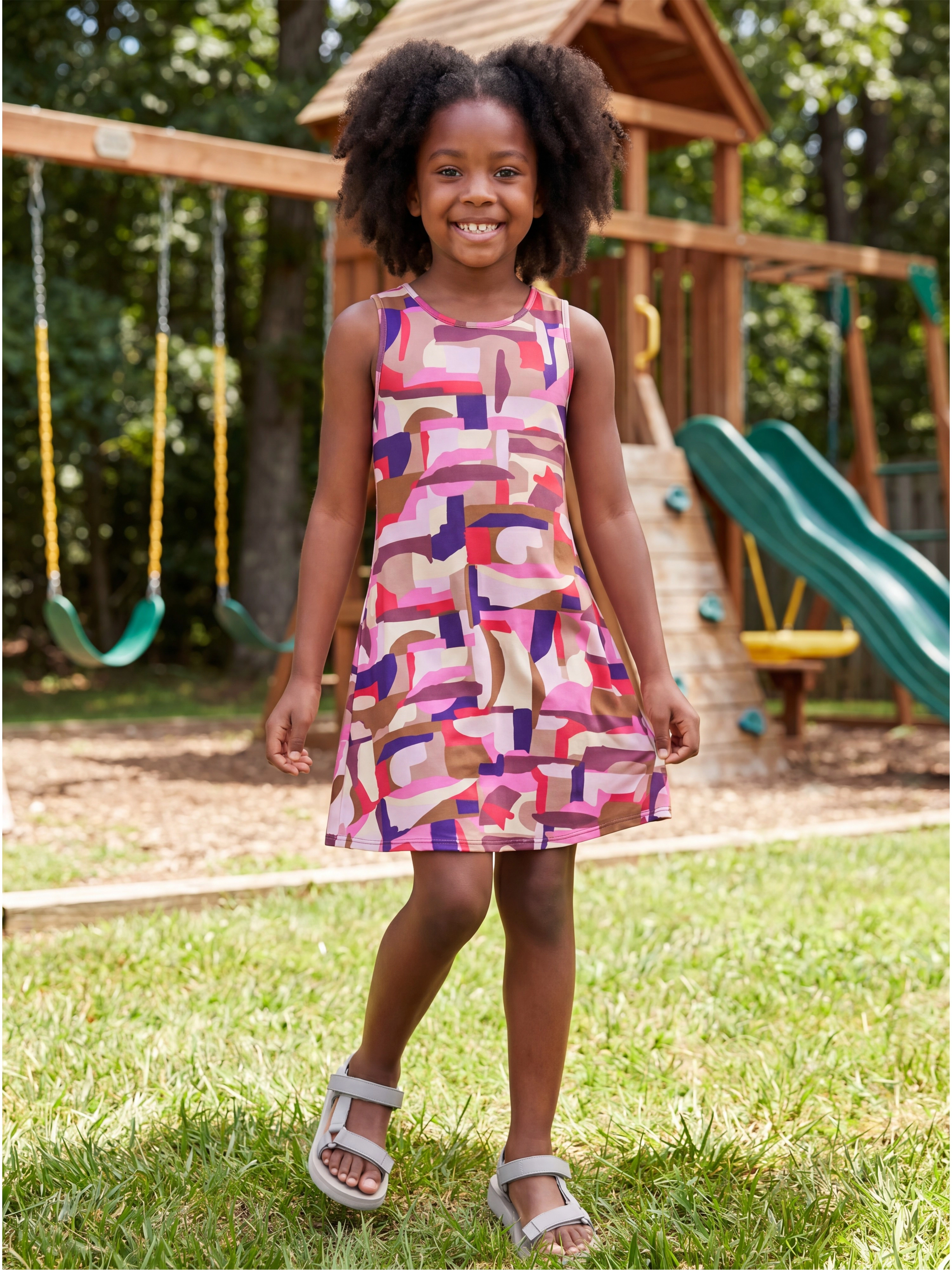 24sevenKid Essential Girls Patchwork Print Sleeveless Pockets Dress