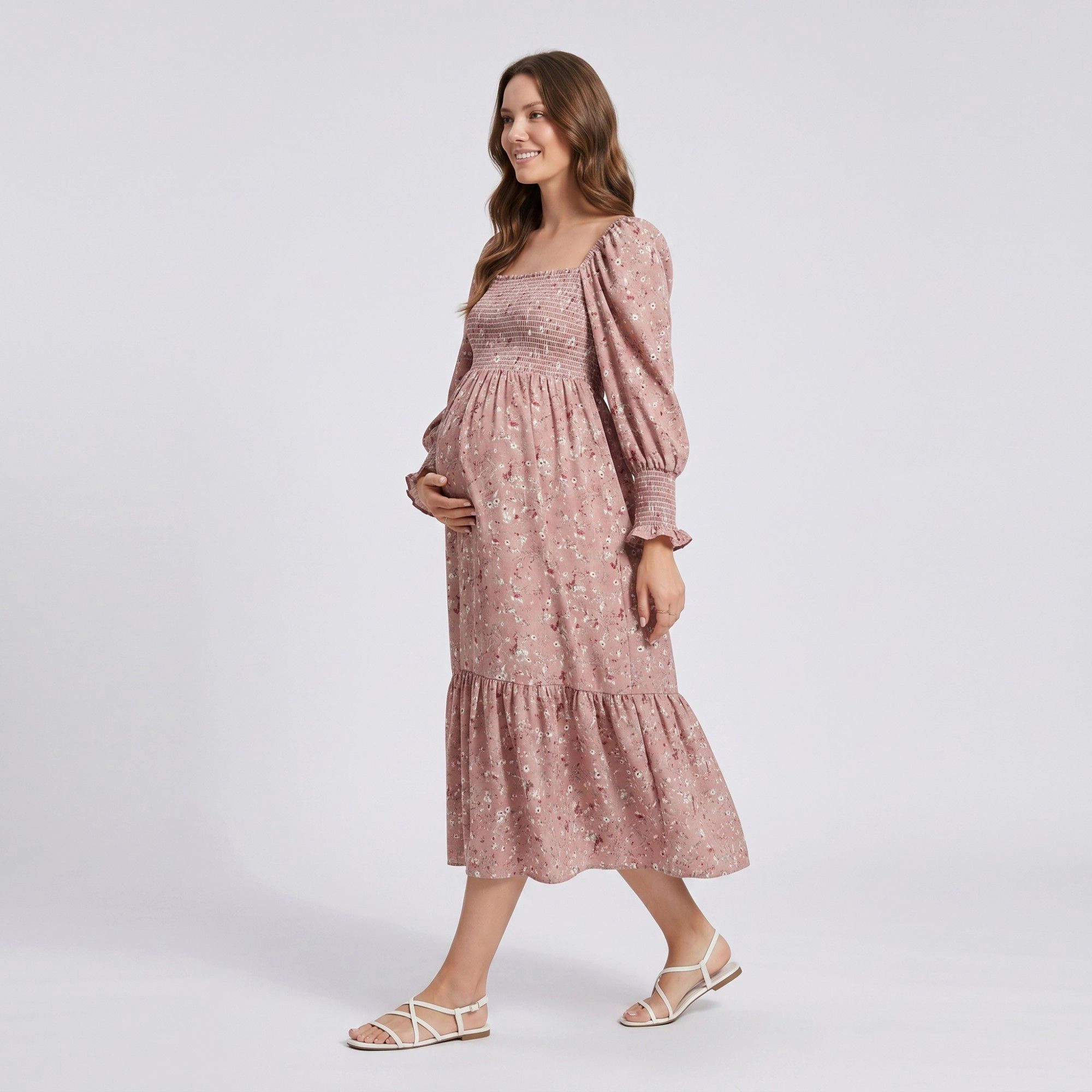 Anna-Kaci Women's Maternity Off Shoulder Floral Smocked Bodice Tiered Hem Midi Dress