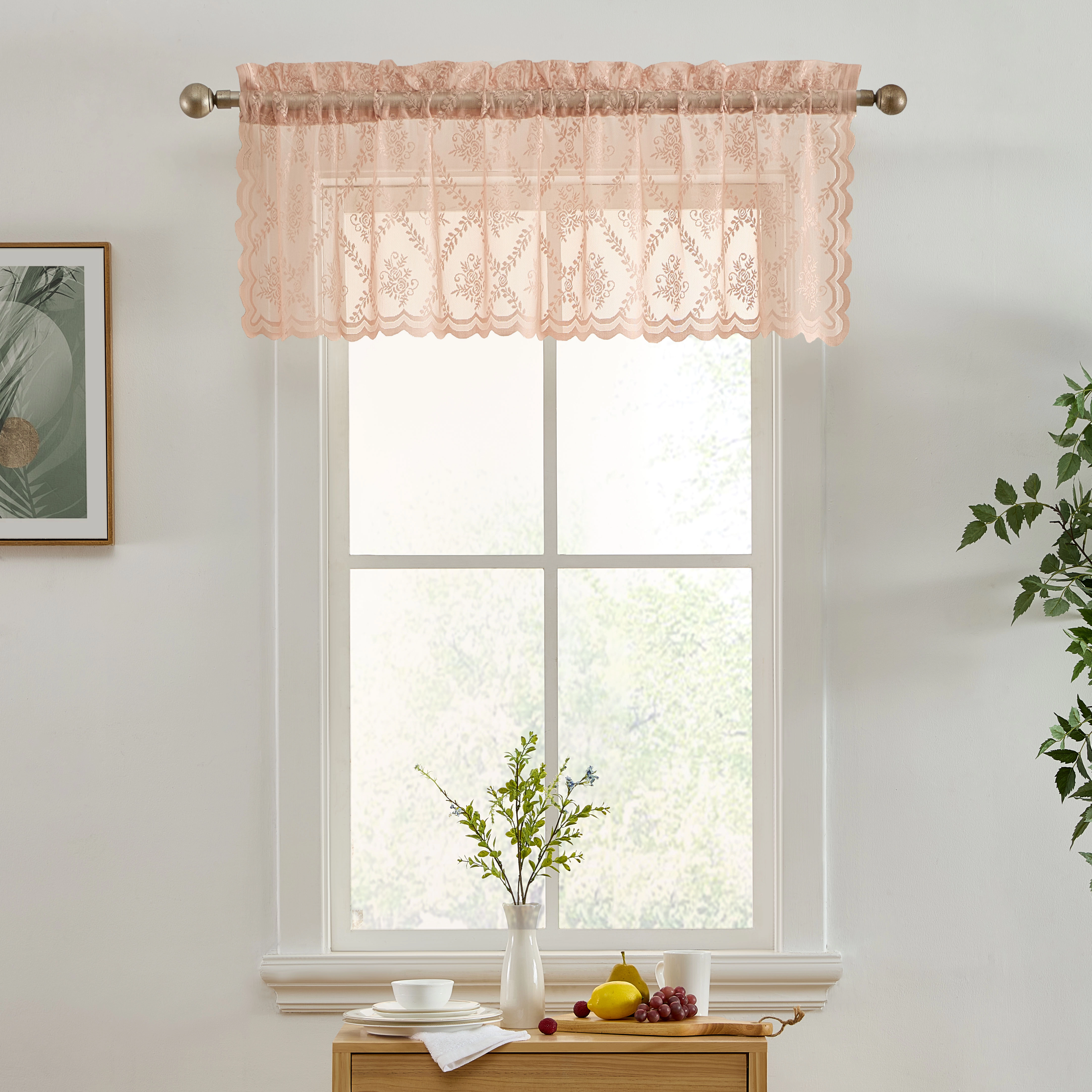 HLC.ME Isabella Floral Rod Pocket Lace Semi Sheer Voile Short Valance for Kitchen & Bathroom - 54 x 18 Inch Long