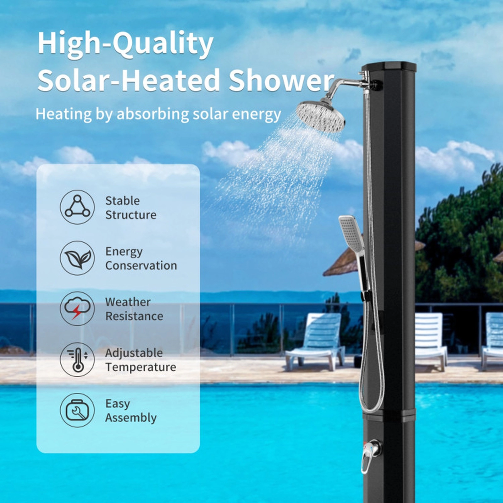 SUGIFT 7.2-ft Solar Heated Handheld Sprayer Foot Tap Freestanding Outdoor Shower 9.3-Gallon 85.5-in 6-in Head Black