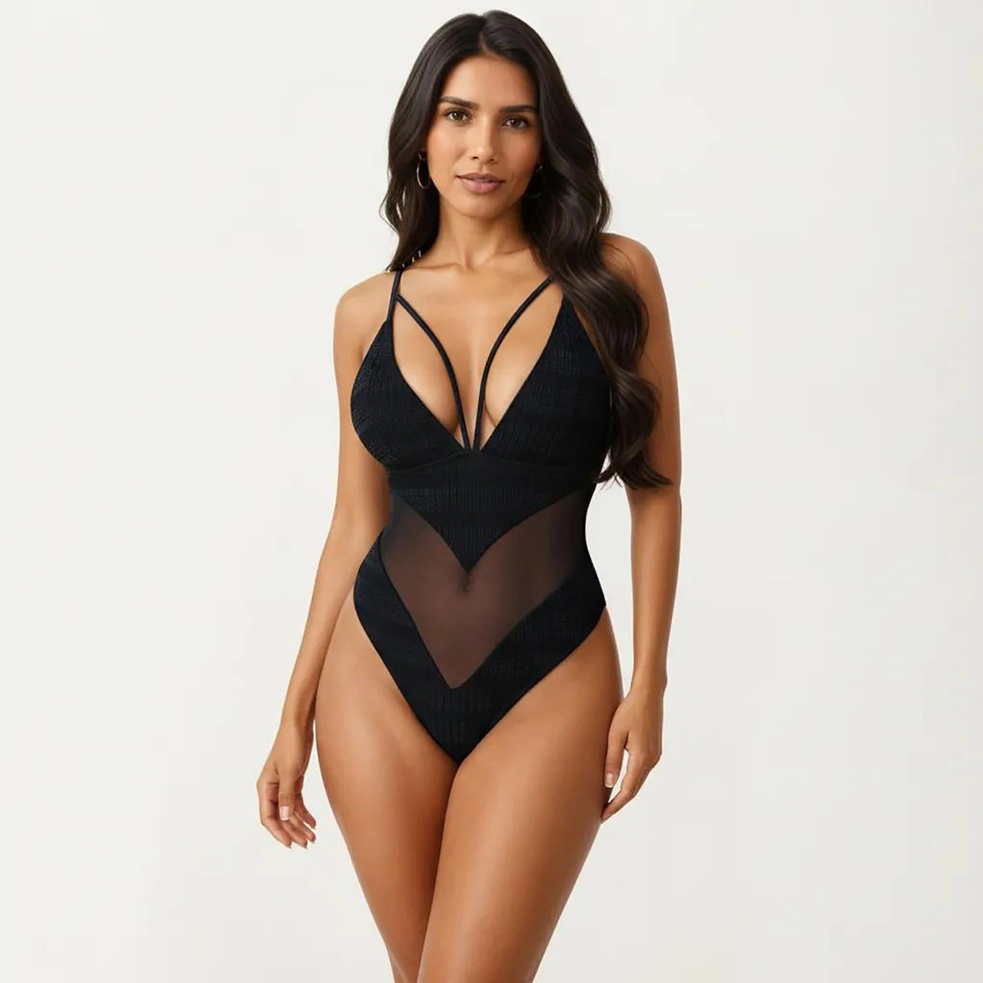 Anna-Kaci Women Plunge One Piece Swimsuit - Sheer Mesh Panel, High-Cut Leg, Strappy Neckline