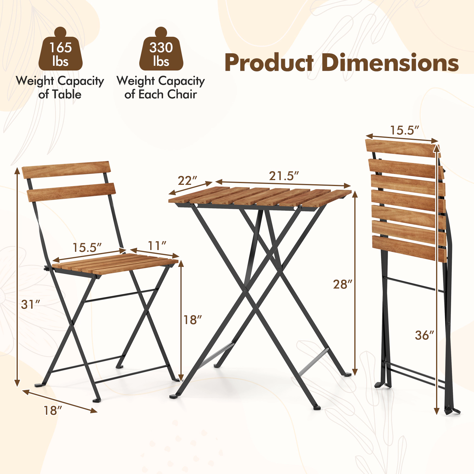 SUGIFT Folding Bistro Dining Set with Slatted Seat and Tabletop 330-lb Chair Capacity 165-lb Table Capacity Brown