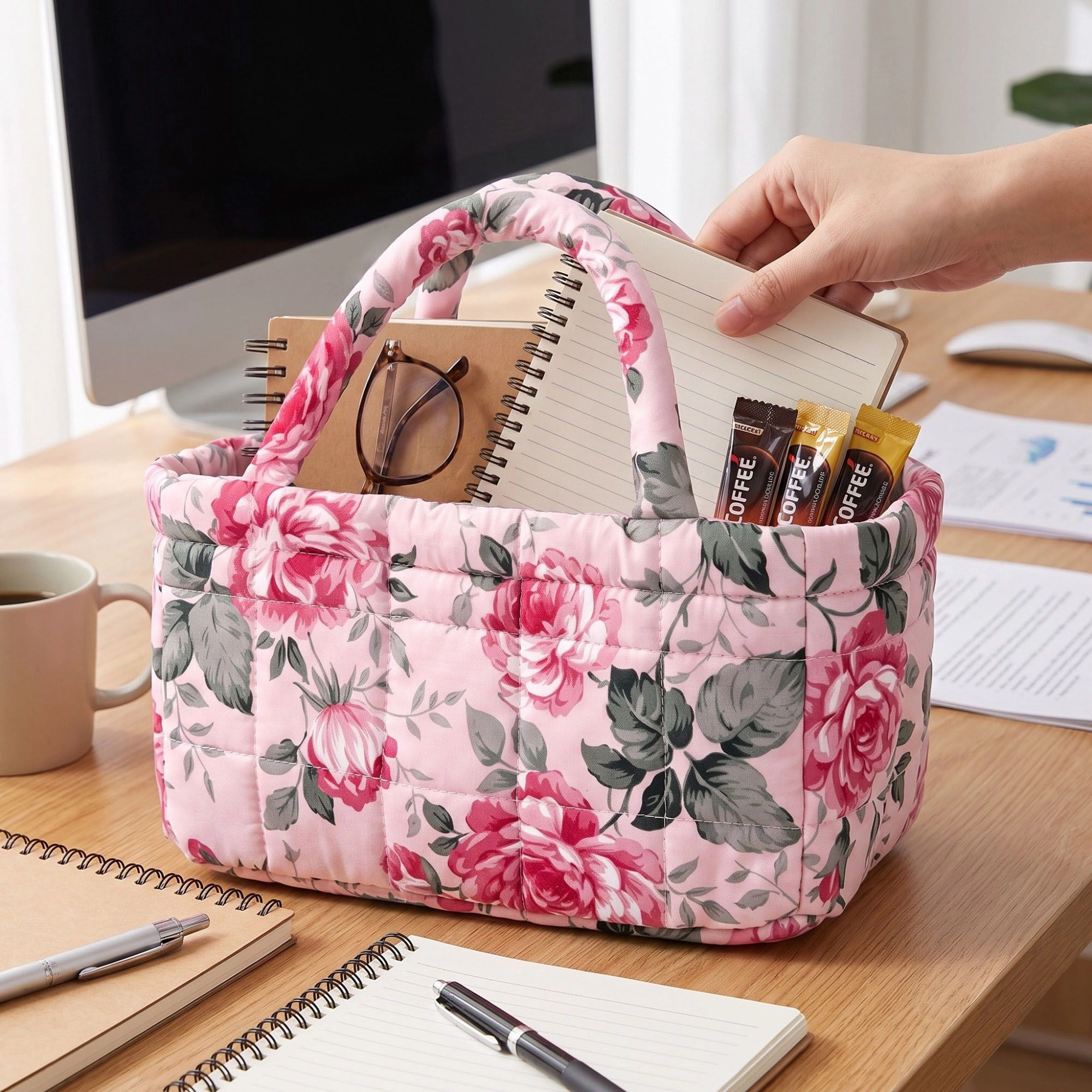 Alilang Unisex Quilted Floral Storage Basket with Handles