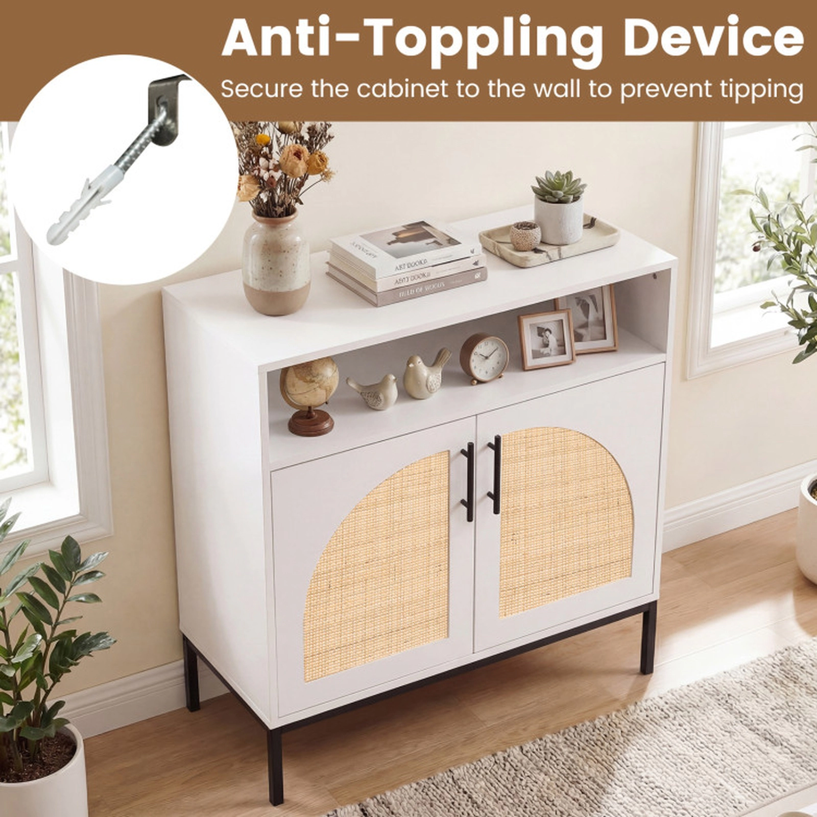 SUGIFT 2 Rattan Arch Doors Adjustable Shelf Buffet Sideboard 32-in x 15-in x 32.5-in 145-lb Capacity White