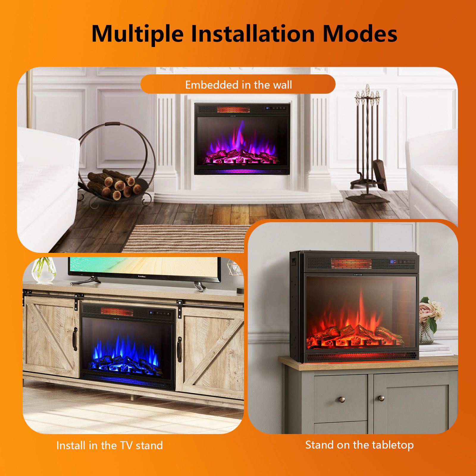 SlickBlue Recessed Electric Fireplace Insert with 2 Heat Settings Thermostat