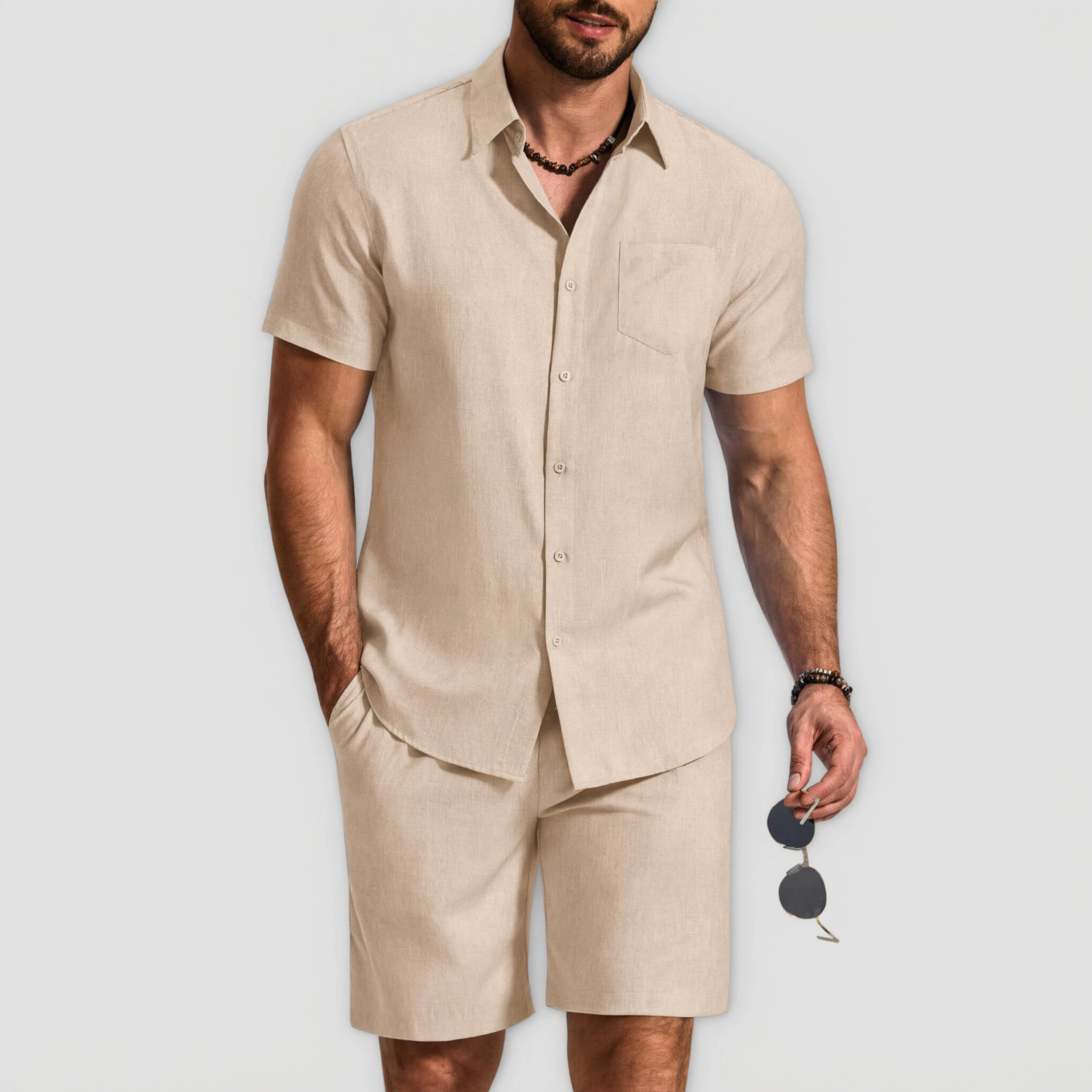 COOFANDY Men's Regular Fit Short Sleeve Button Down Shirt and Shorts Two Piece Set