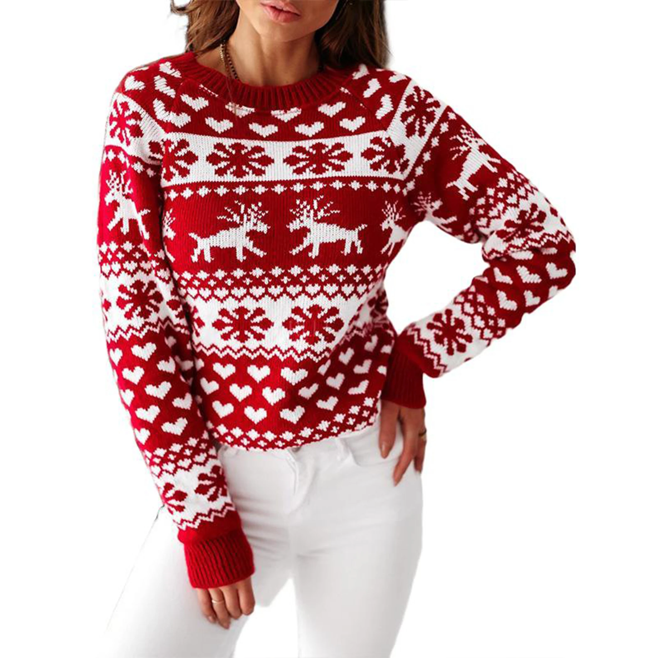 YesFashion Women's Christmas Sweaters Long Sleeve Crew Neck Snowflake Reindeer Knitted Pullovers